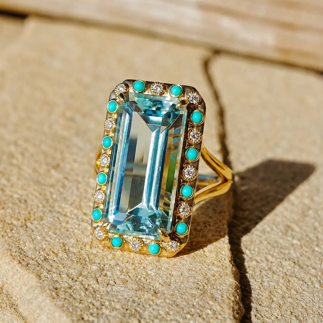 14k yellow gold Nina Zhou x Kai Tidal Laguna 7.62 ctw Guild Certified Natural Aquamarine, Turquoise & Diamond Ring (One-of-a-Kind)