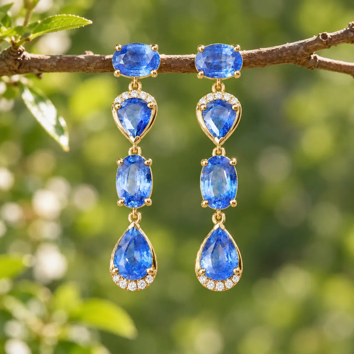 14k yellow gold Garden Melody 3.75 ctw Natural Blue Sapphire & Diamond Drop Earrings (One-of-a-Kind)