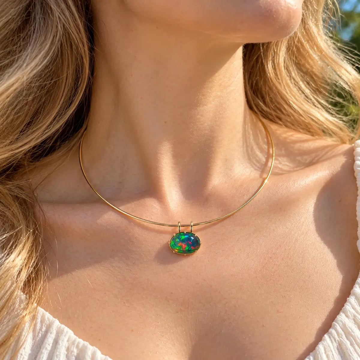 14k yellow gold Vivid Aura 8.35ct Natural Black Opal Collar Necklace (One-of-a-Kind)