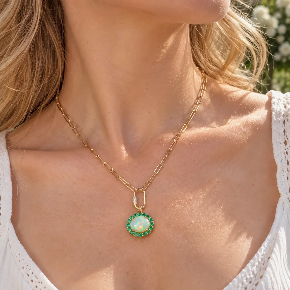 14k yellow gold Eden Halo 6.68 ctw Natural Opal & Emerald Diamond Lock Paperclip Chain Necklace (One-of-a-Kind)