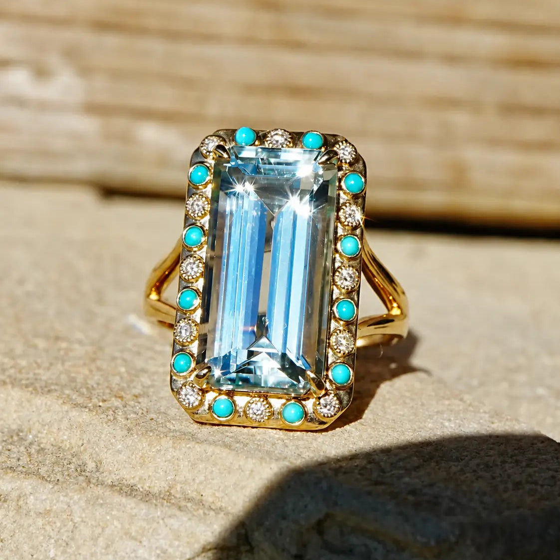14k yellow gold Nina Zhou x Kai Tidal Laguna 7.62 ctw Guild Certified Natural Aquamarine, Turquoise & Diamond Ring (One-of-a-Kind)