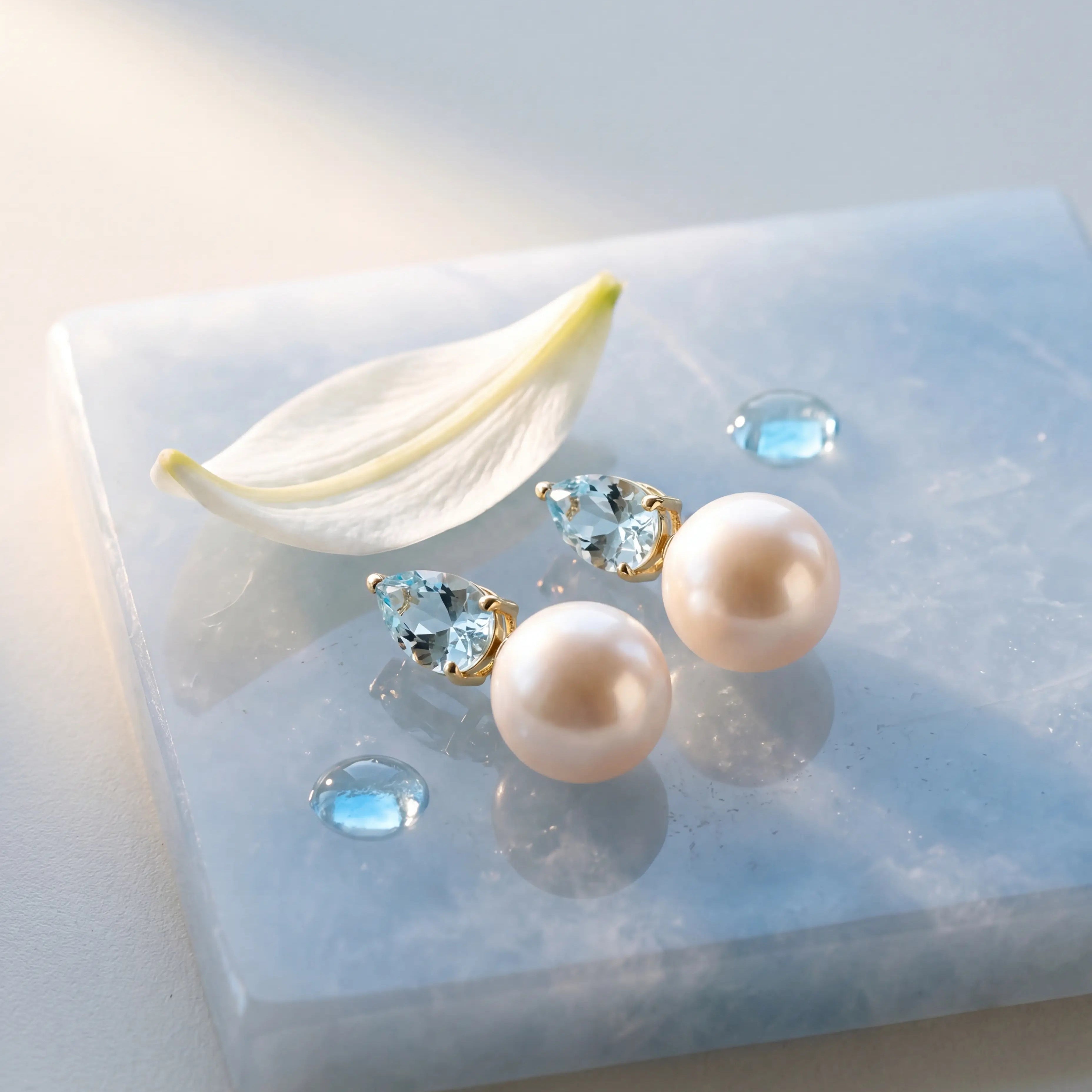 wedding bridal pearl drop earrings, gift for women, 14k yellow gold Venus Tears natural Aquamarine & freshwater Pearl Convertible Earrings