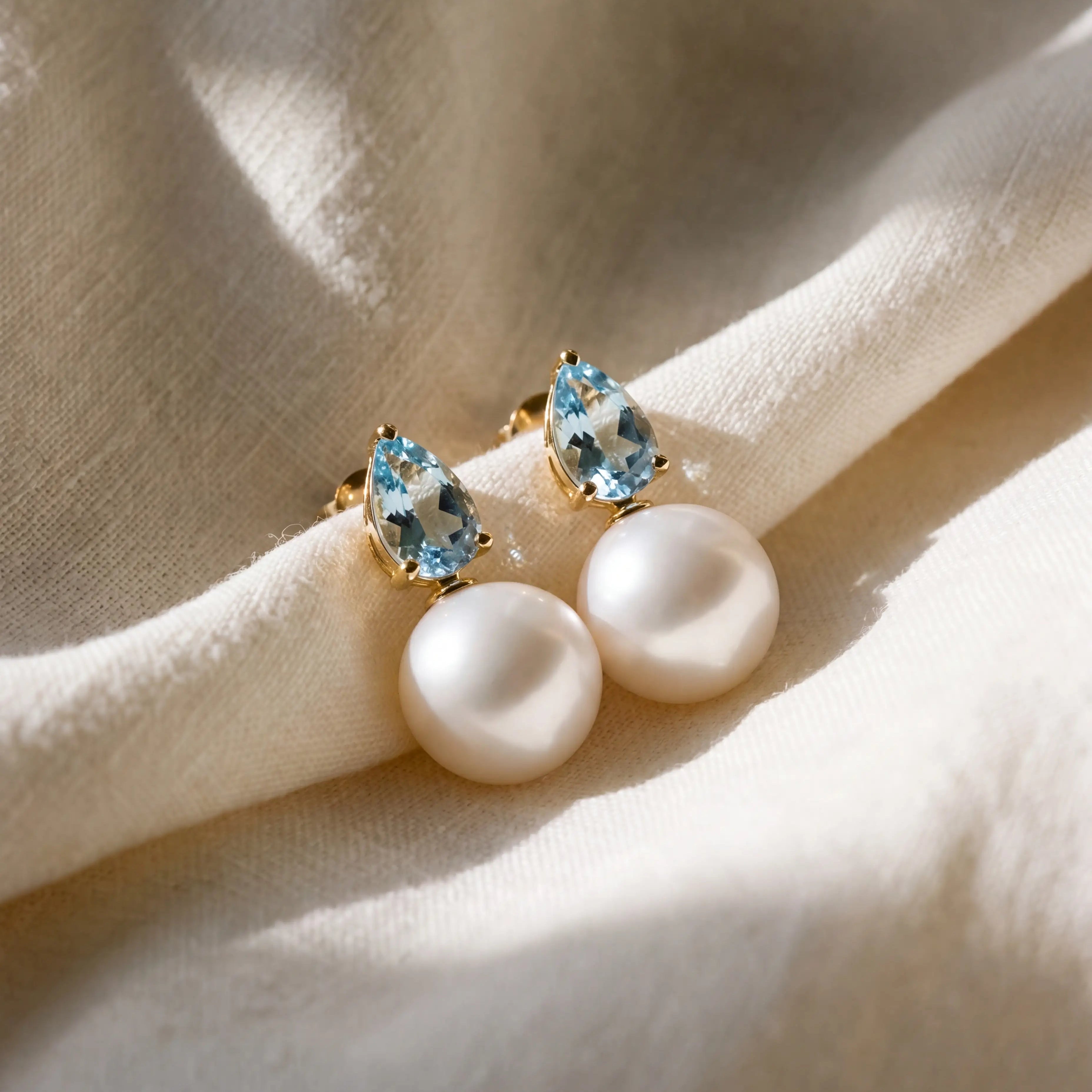 wedding bridal pearl drop earrings, gift for women, 14k yellow gold Venus Tears natural Aquamarine & freshwater Pearl Convertible Earrings