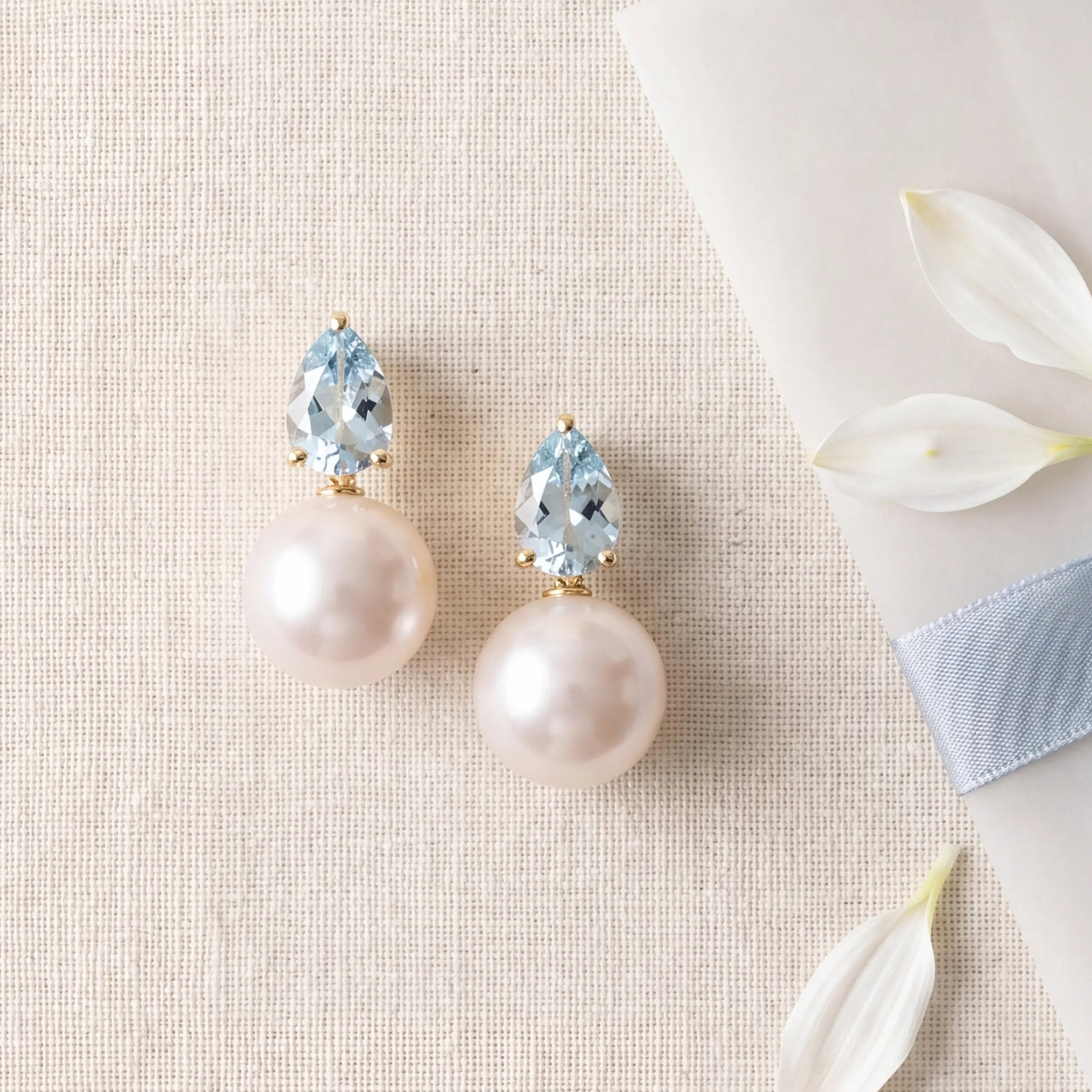 wedding bridal pearl drop earrings, gift for women, 14k yellow gold Venus Tears natural Aquamarine & freshwater Pearl Convertible Earrings
