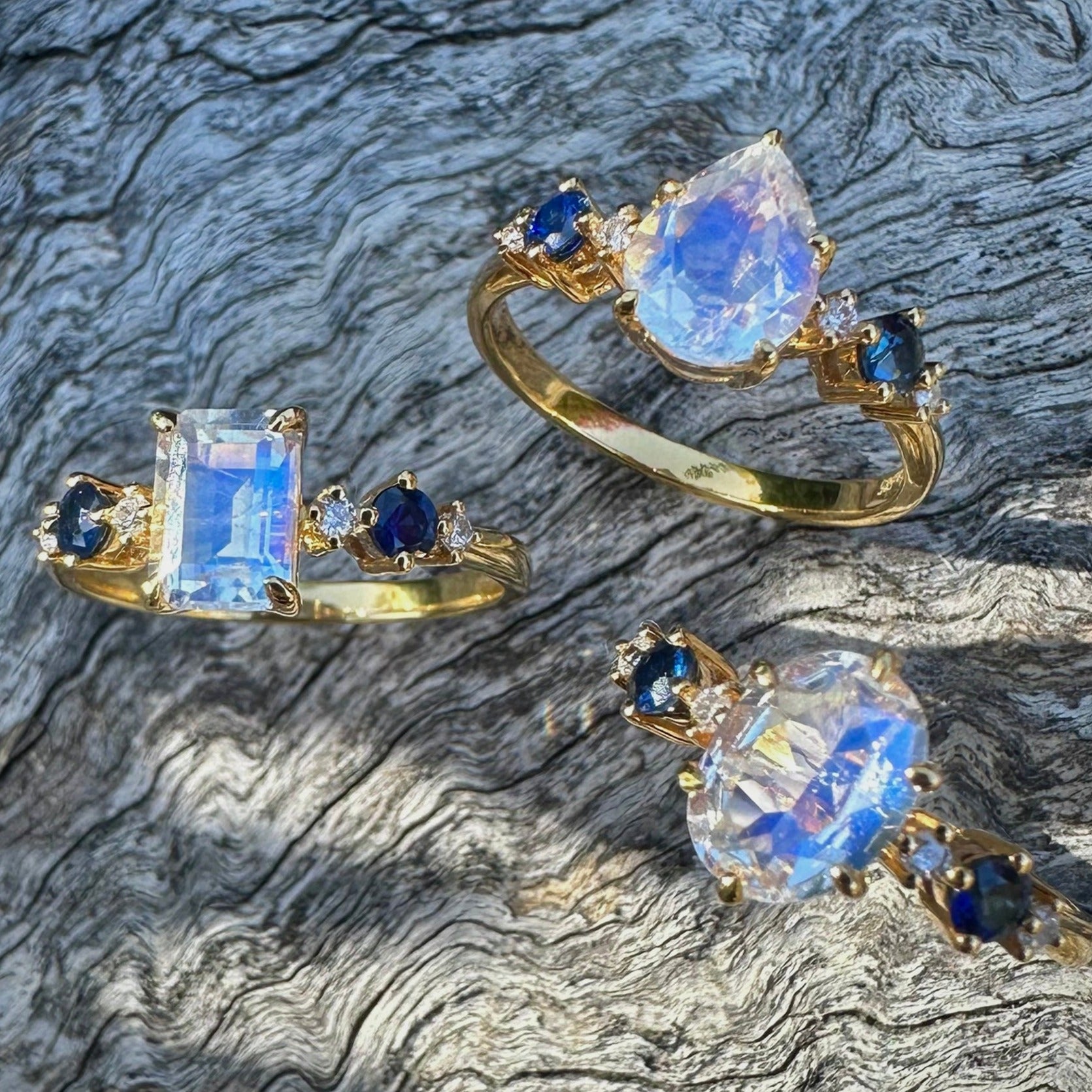 Elara Emerald-Cut Moonstone Sapphire Diamond Ring