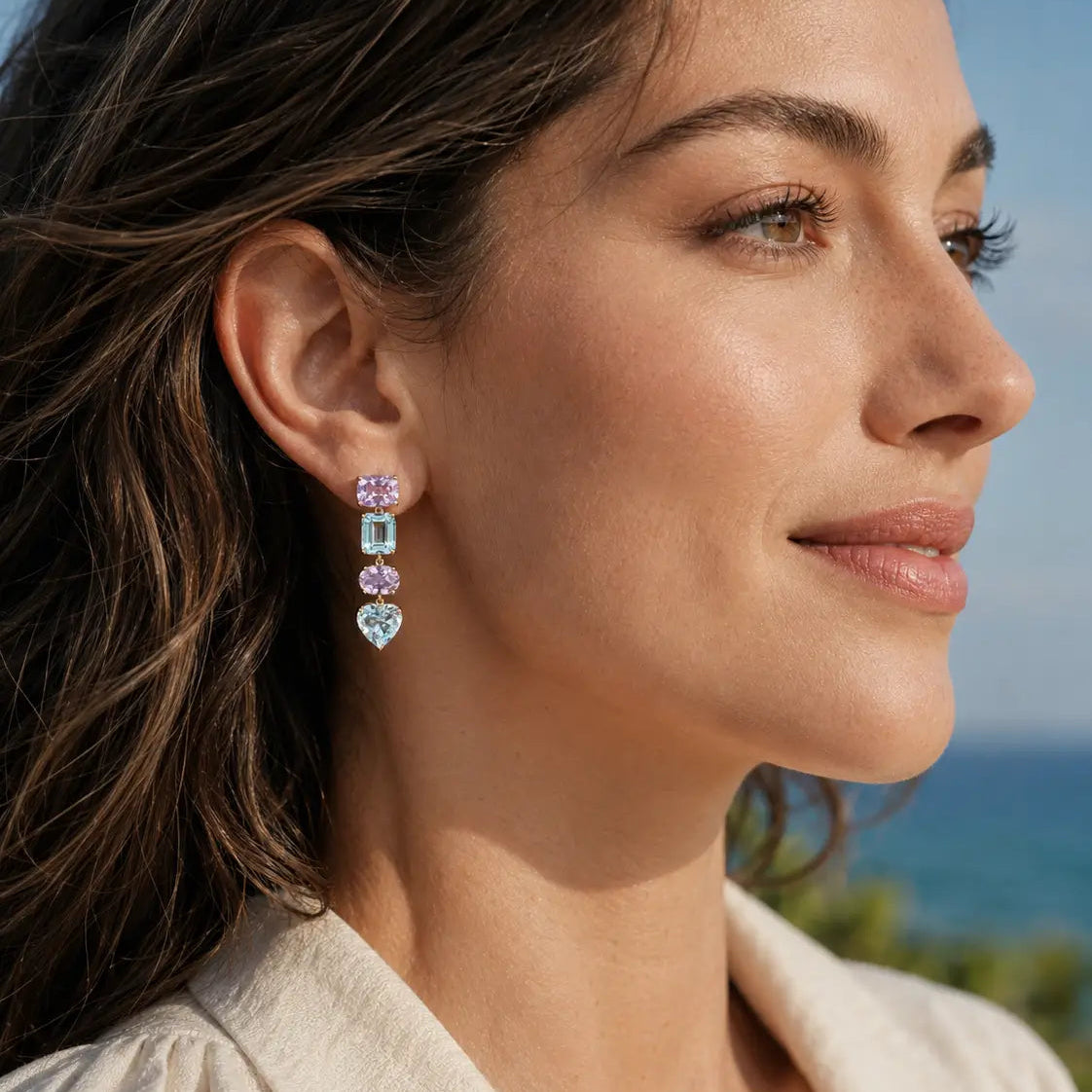 Garden Melody AIGS Certified 12.85 ctw Aquamarine & Lavender Amethyst Drop Earrings in 14k yellow gold (One-of-a-Kind)