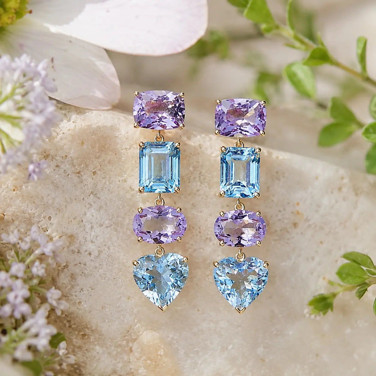 Garden Melody AIGS Certified 12.85 ctw Aquamarine & Lavender Amethyst Drop Earrings in 14k yellow gold (One-of-a-Kind)