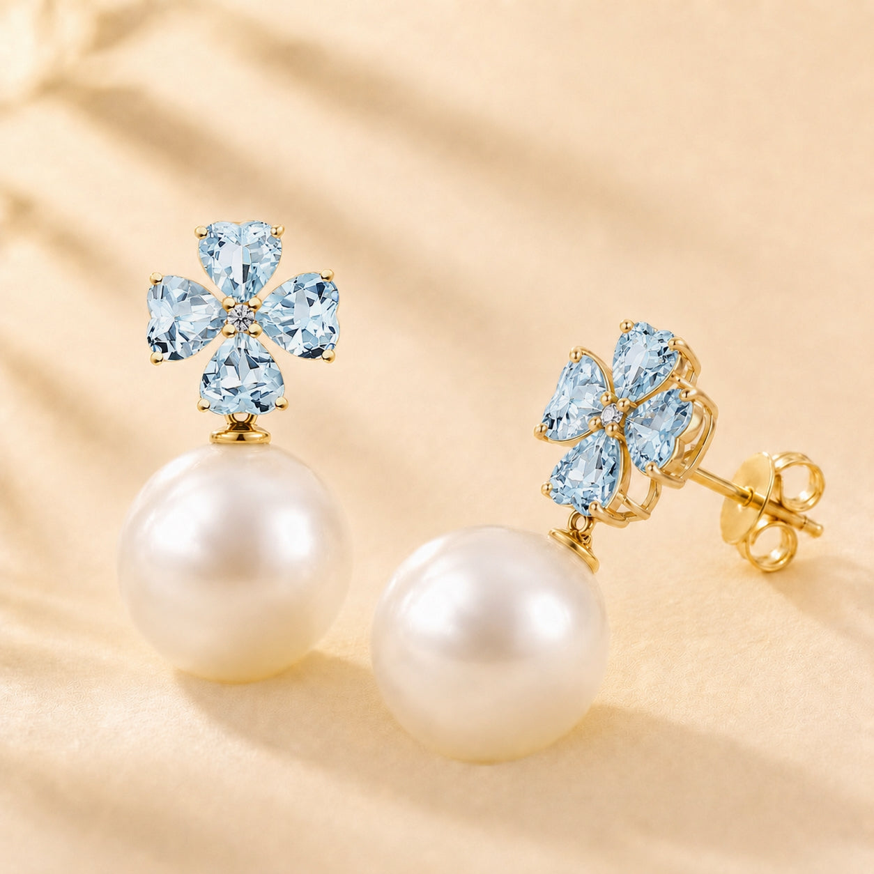 Felicia Natural Aquamarine Diamond Clover Pearl Convertible Drop Earrings 14k yellow gold