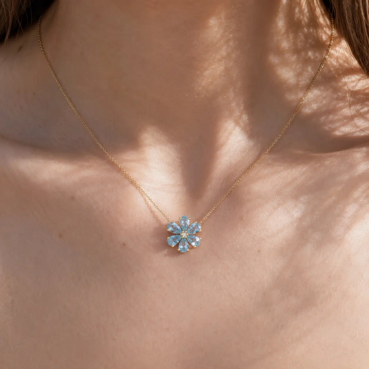 Flora Blossom Natural 2.42ctw Aquamarine Diamond Necklace in 14k yellow gold