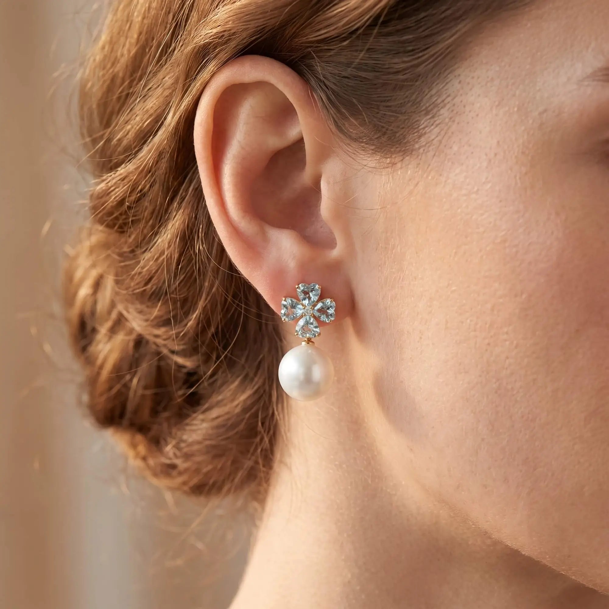 Felicia Aquamarine Diamond Clover Pearl Convertible Drop Earrings
