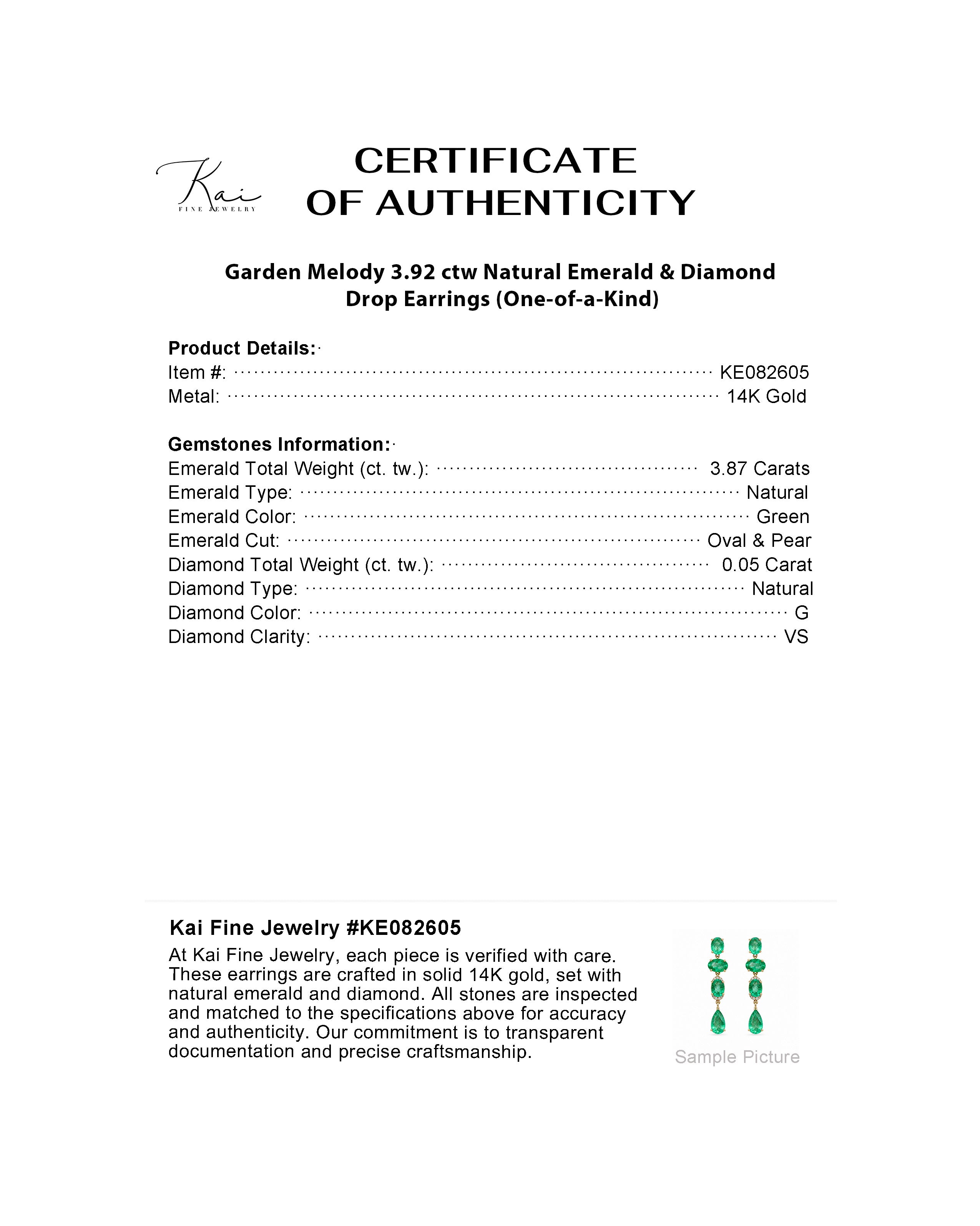 certificate of 14k gold Garden Melody 3.92 ctw Natural Emerald & Diamond Drop Earrings (One-of-a-Kind)