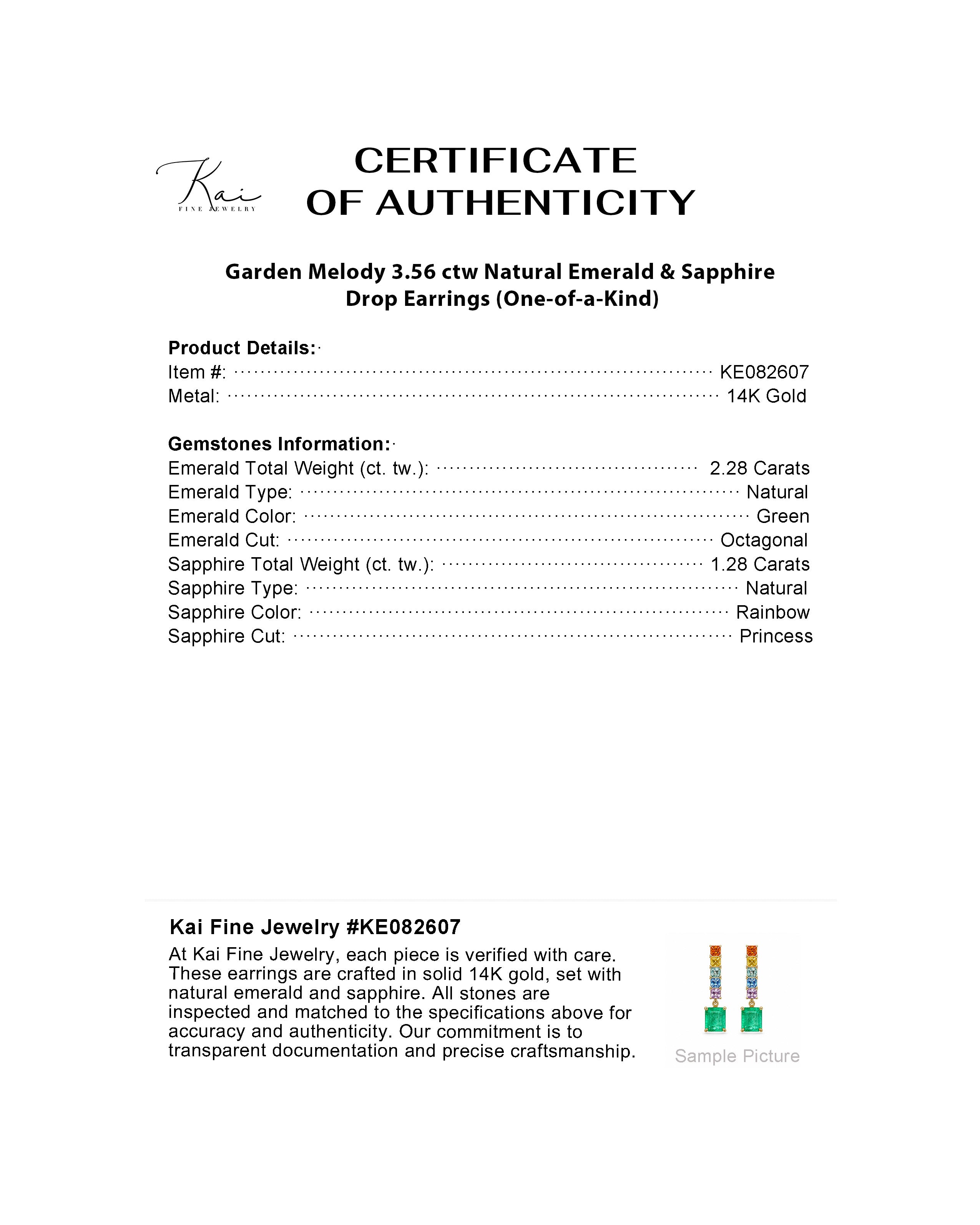 certificate of 14k gold Garden Melody 3.56 ctw Natural Emerald & Sapphire Drop Earrings (One-of-a-Kind)