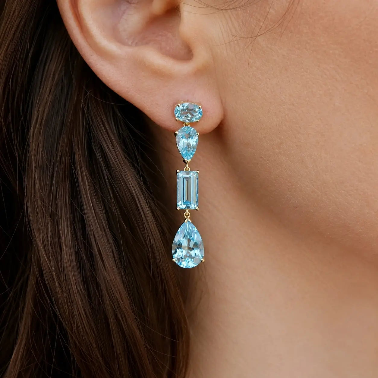 Garden Melody AIGS Certified 11.44 ctw Santa Maria Blue Aquamarine Drop Earrings in 14k yellow gold (One-of-a-Kind)