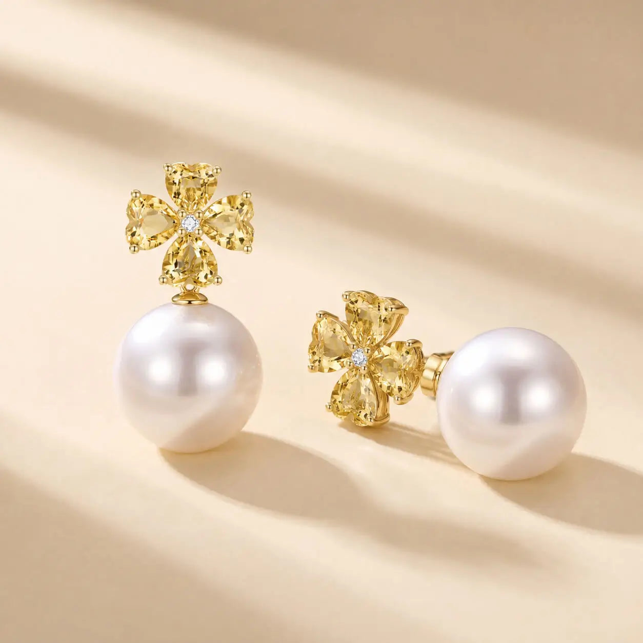 Felicia Citrine Diamond Clover Pearl Convertible Earrings