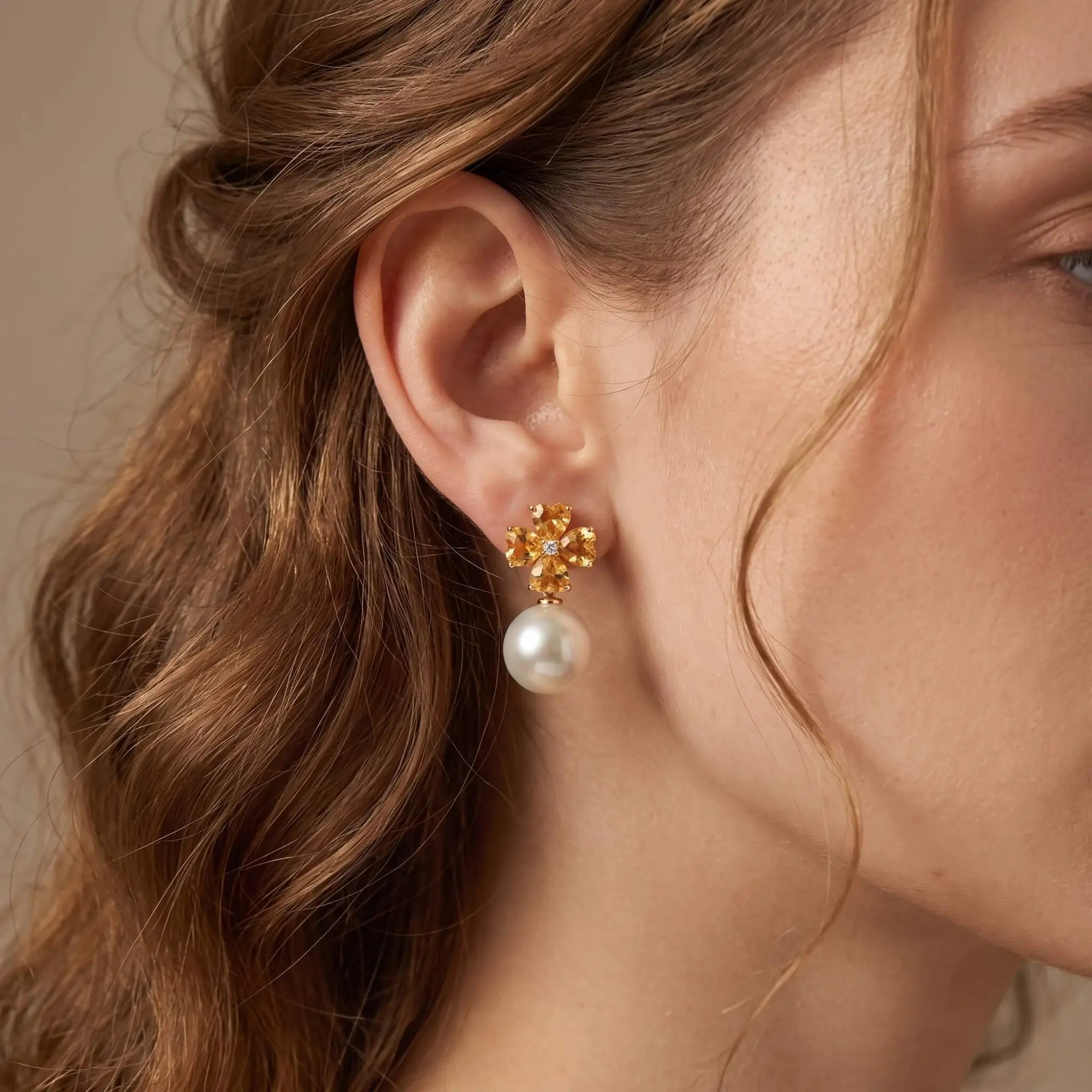 Felicia Citrine Diamond Clover Pearl Convertible Earrings