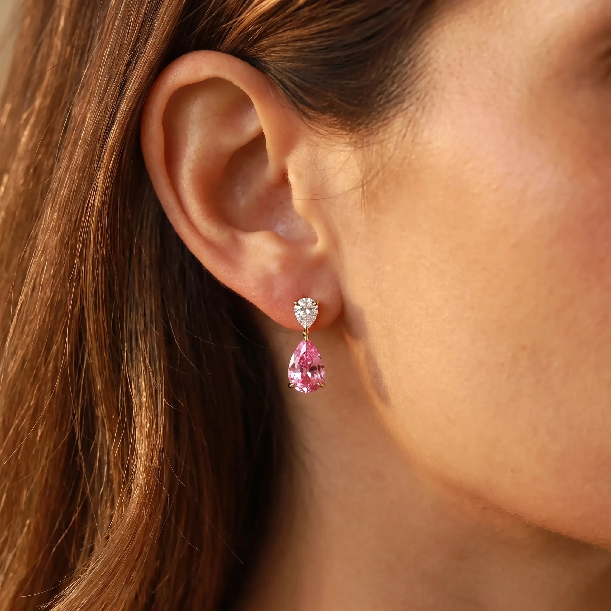 Duet Pear Lab Grown Diamond & Pink Sapphire Drop Earrings in 14k solid gold