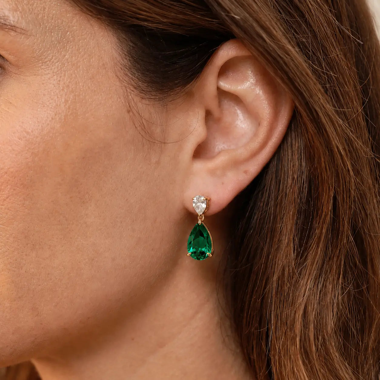 Duet 7ctw Pear Lab Grown Diamond & Emerald Drop Earrings in 14k yellow gold