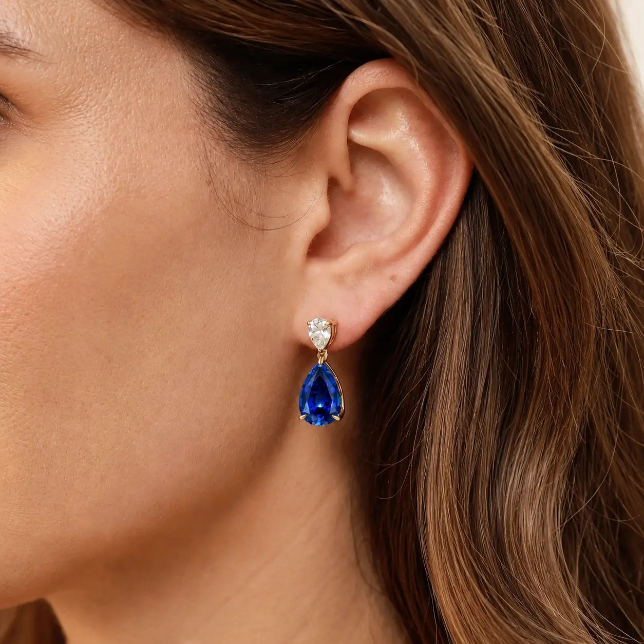 Duet Pear 8.00ctw Lab Grown Diamond & Sapphire Drop Earrings in 14k yellow gold