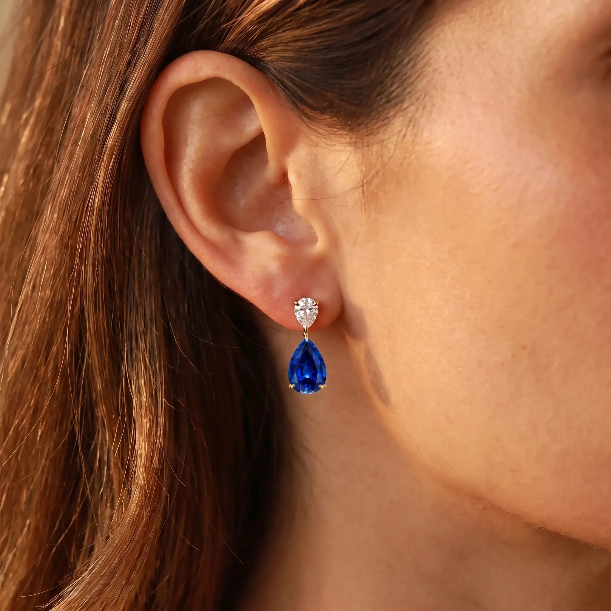 Duet Pear 8.00ctw Lab Grown Diamond & Sapphire Drop Earrings in 14k yellow gold