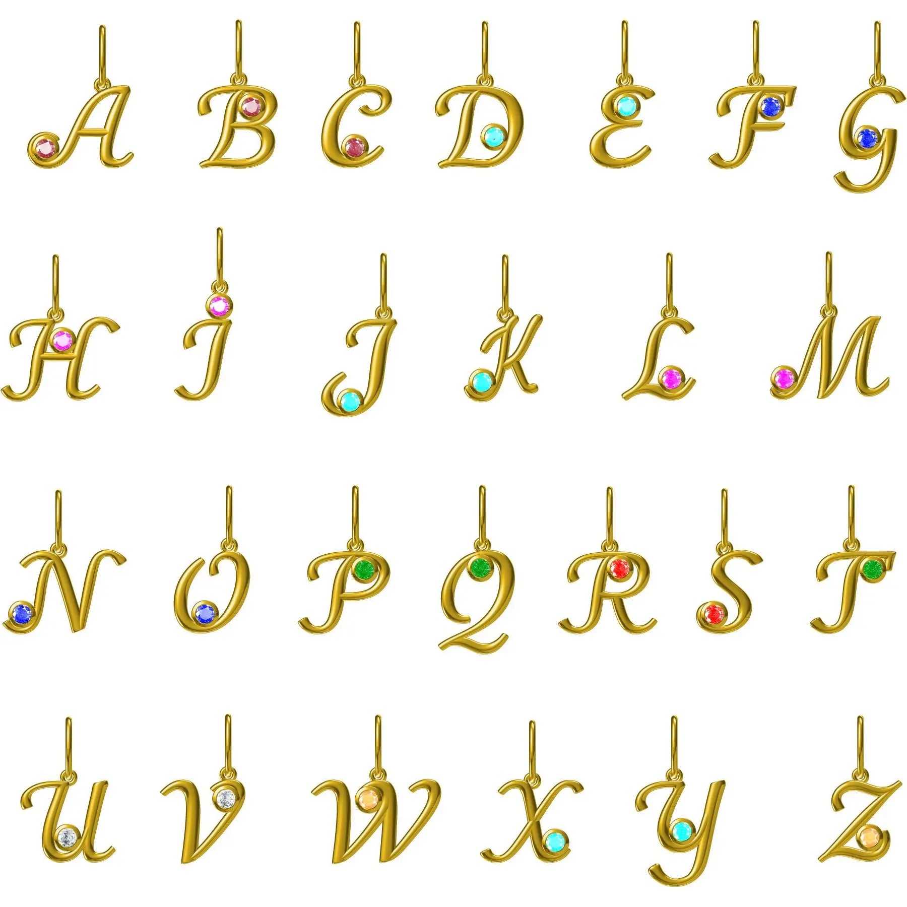 Cursive Initial Birthstone Charms 14k yellow gold solid gold
