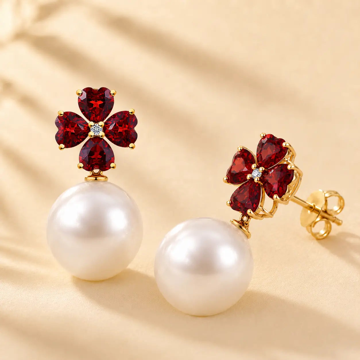 Felicia Natural Garnet Diamond Clover Pearl Convertible Drop Earrings in 14k gold