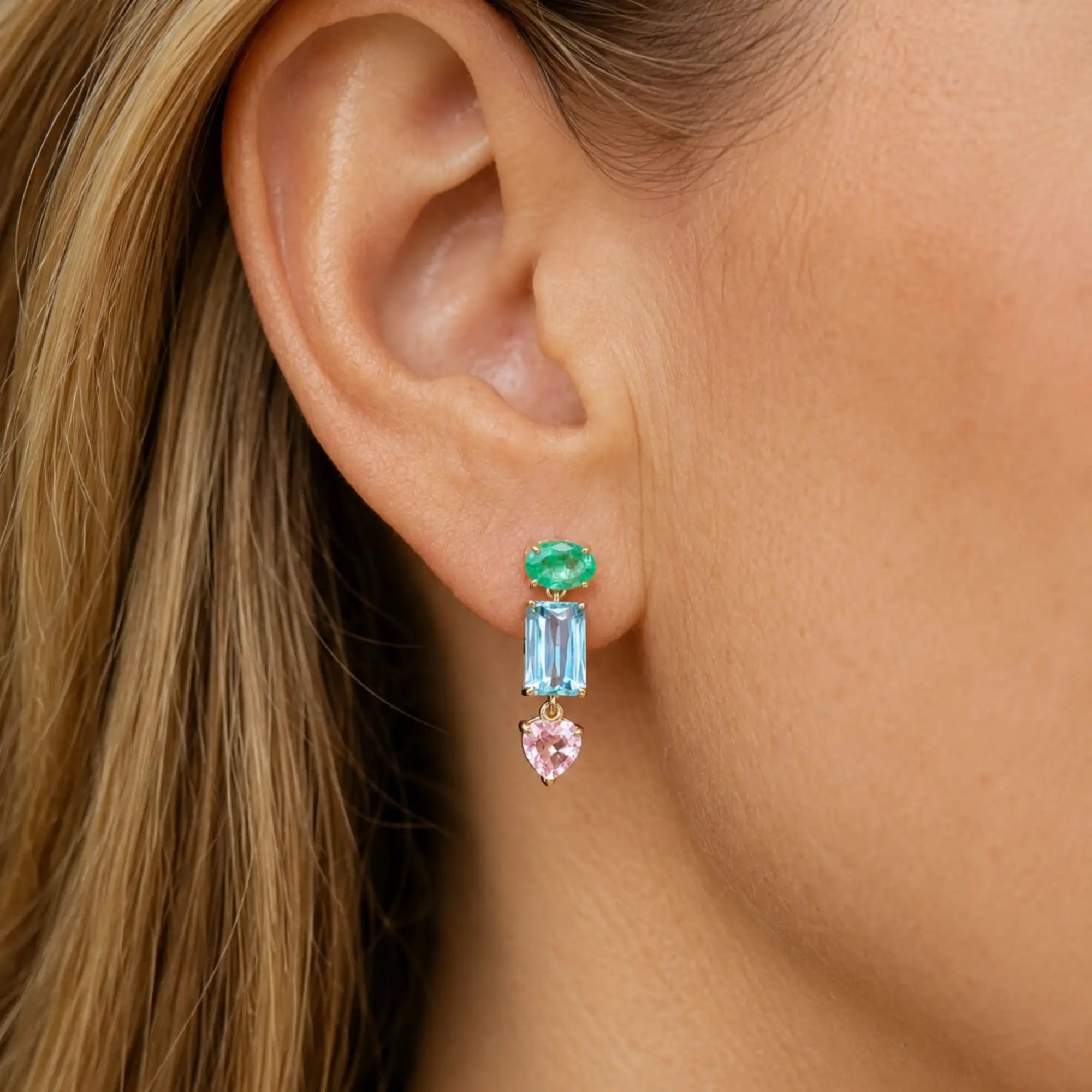 14k yellow gold Garden Melody 3.61 ctw natural Emerald, Aquamarine & Pink Sapphire Drop Earrings (One-of-a-Kind)