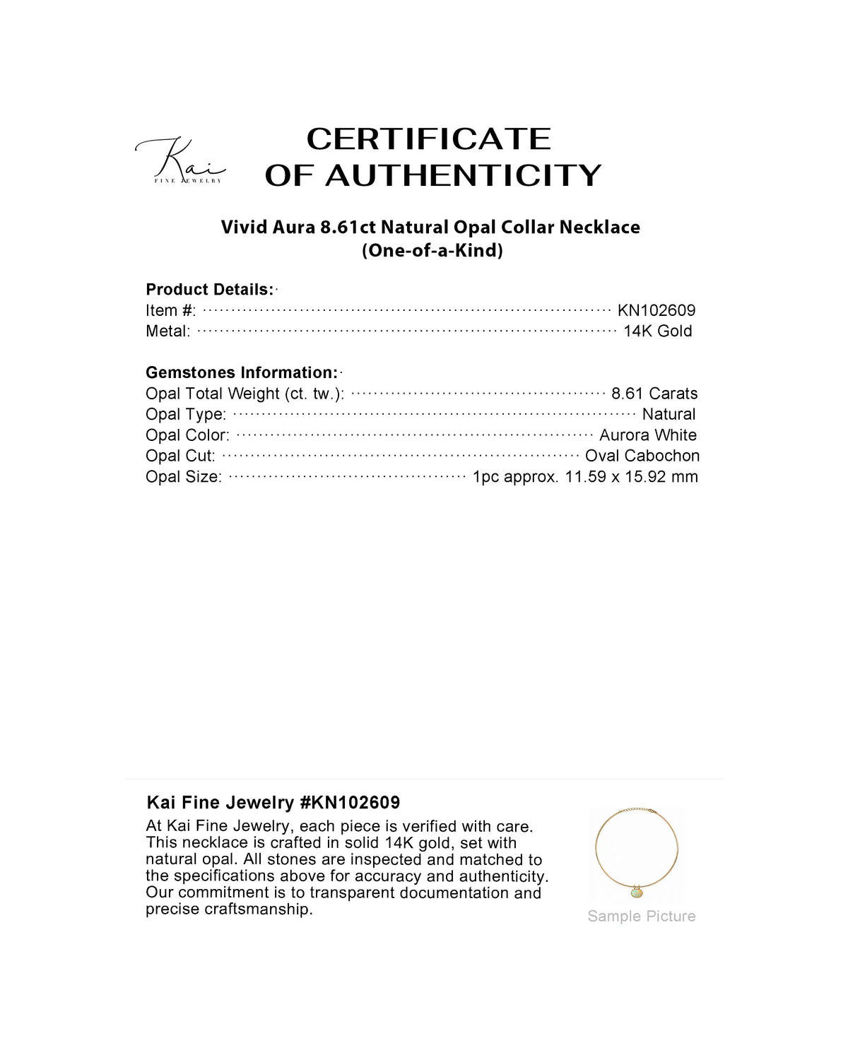 certificate of 14k yellow gold Vivid Aura 8.61ct Natural Opal Collar Necklace (One-of-a-Kind)