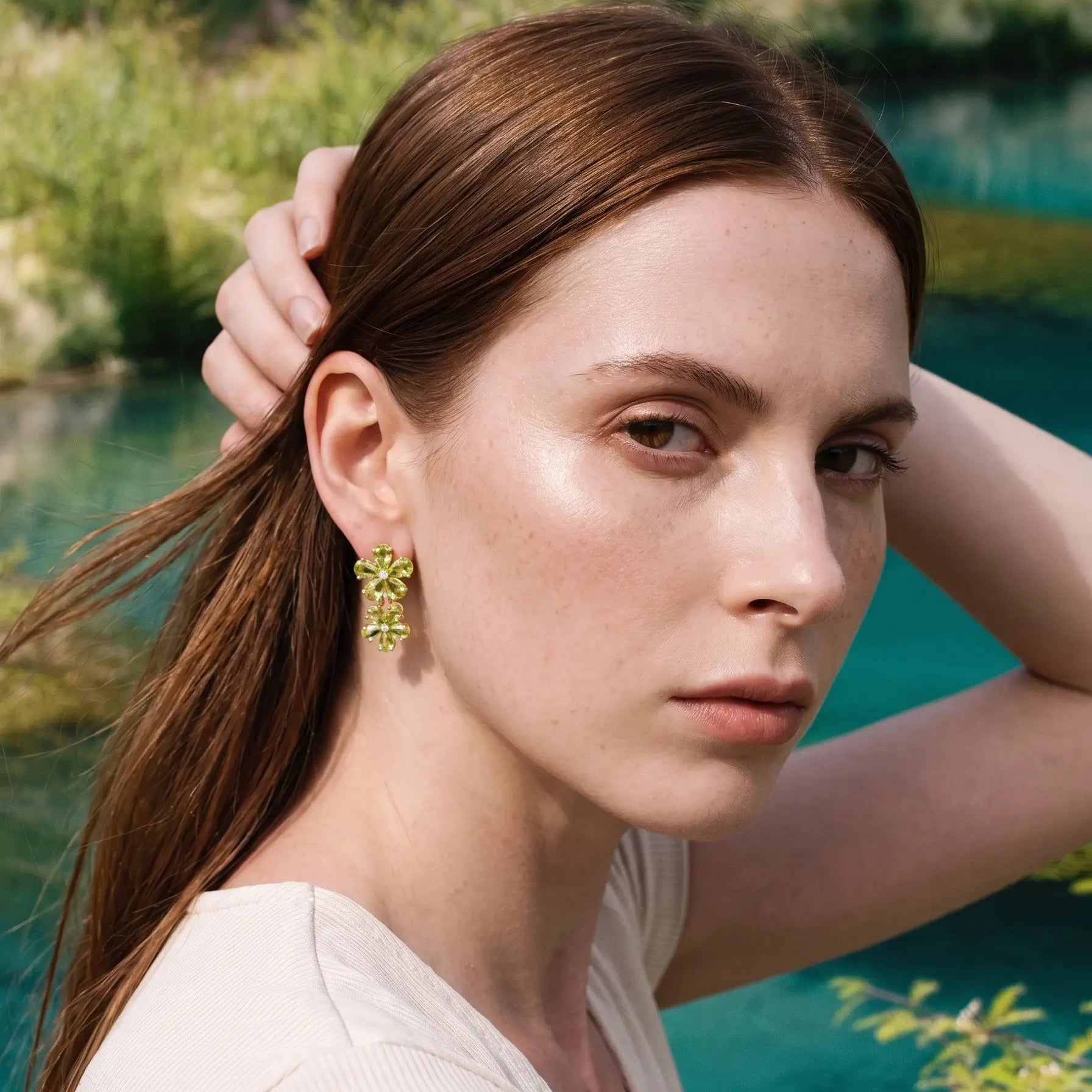 Nina Zhou x Kai Natural Peridot Diamond Double Blossom Drop Earrings in 14k gold