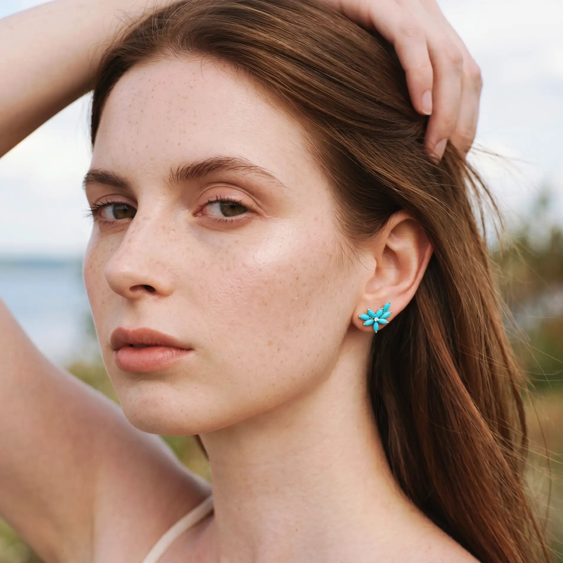 Nina Zhou x Kai Natural Turquoise Diamond Cluster Earrings in 14k Gold