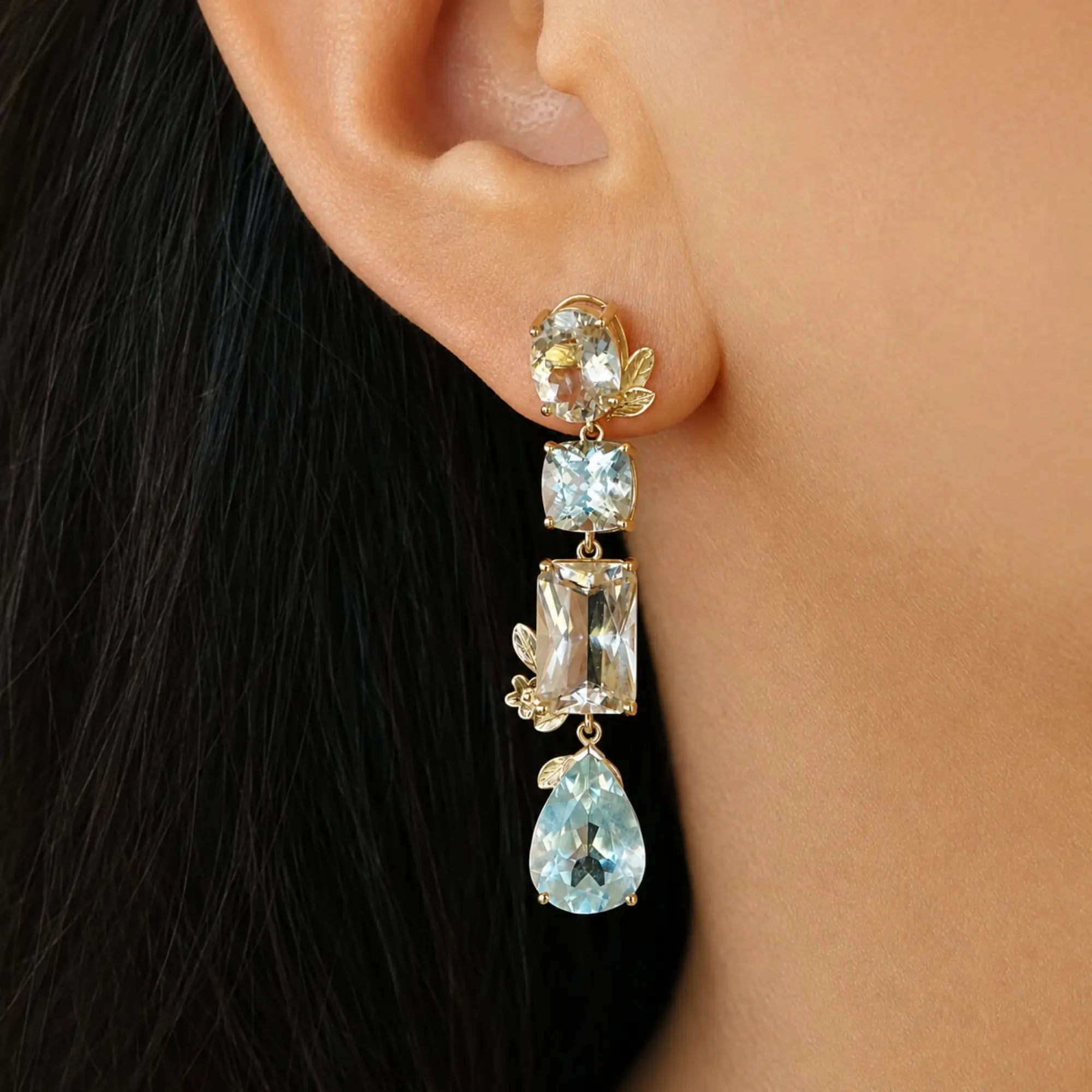 14k yellow gold Garden Melody 20.75 ctw Natural Aquamarine & Champagne Scapolite Drop Earrings (One-of-a-Kind)