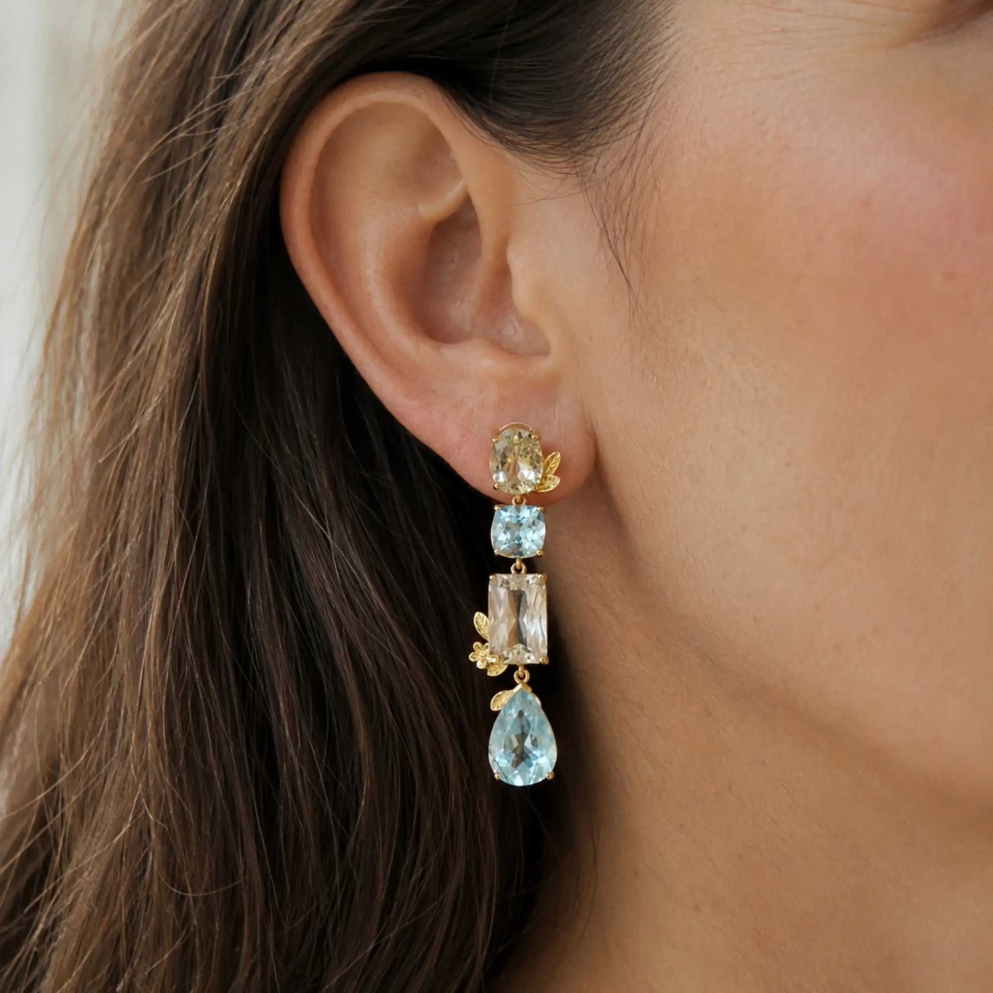 14k yellow gold Garden Melody 20.75 ctw Natural Aquamarine & Champagne Scapolite Drop Earrings (One-of-a-Kind)