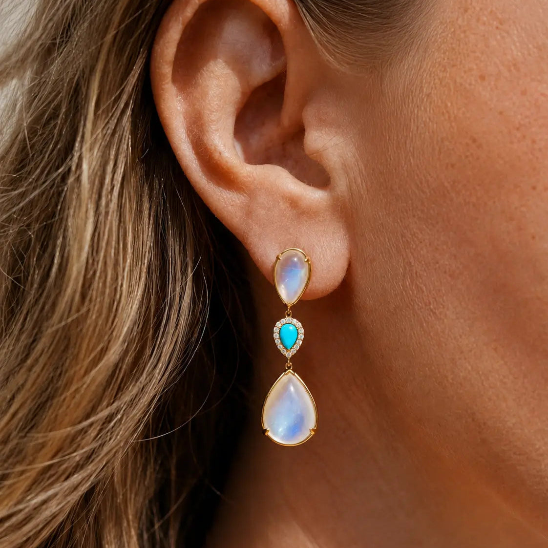 kai fine jewelry Garden Melody natural 27.36 ctw Natural Moonstone, Turquoise & Diamond Drop Earrings in 24k yellow gold (One-of-a-Kind)