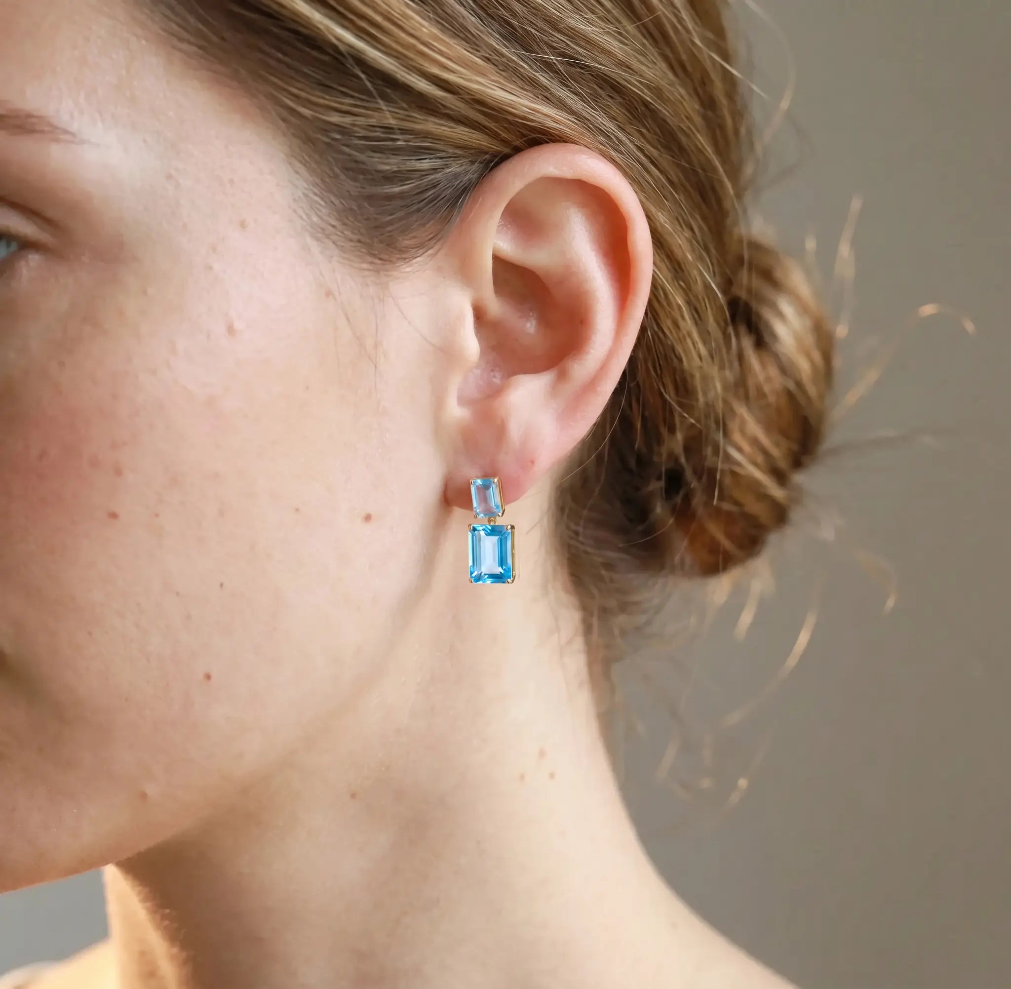 Duet Natutal Emerald-Cut Sky Blue Aquamarine & Blue Topaz Drop Earrings in 14k yellow gold