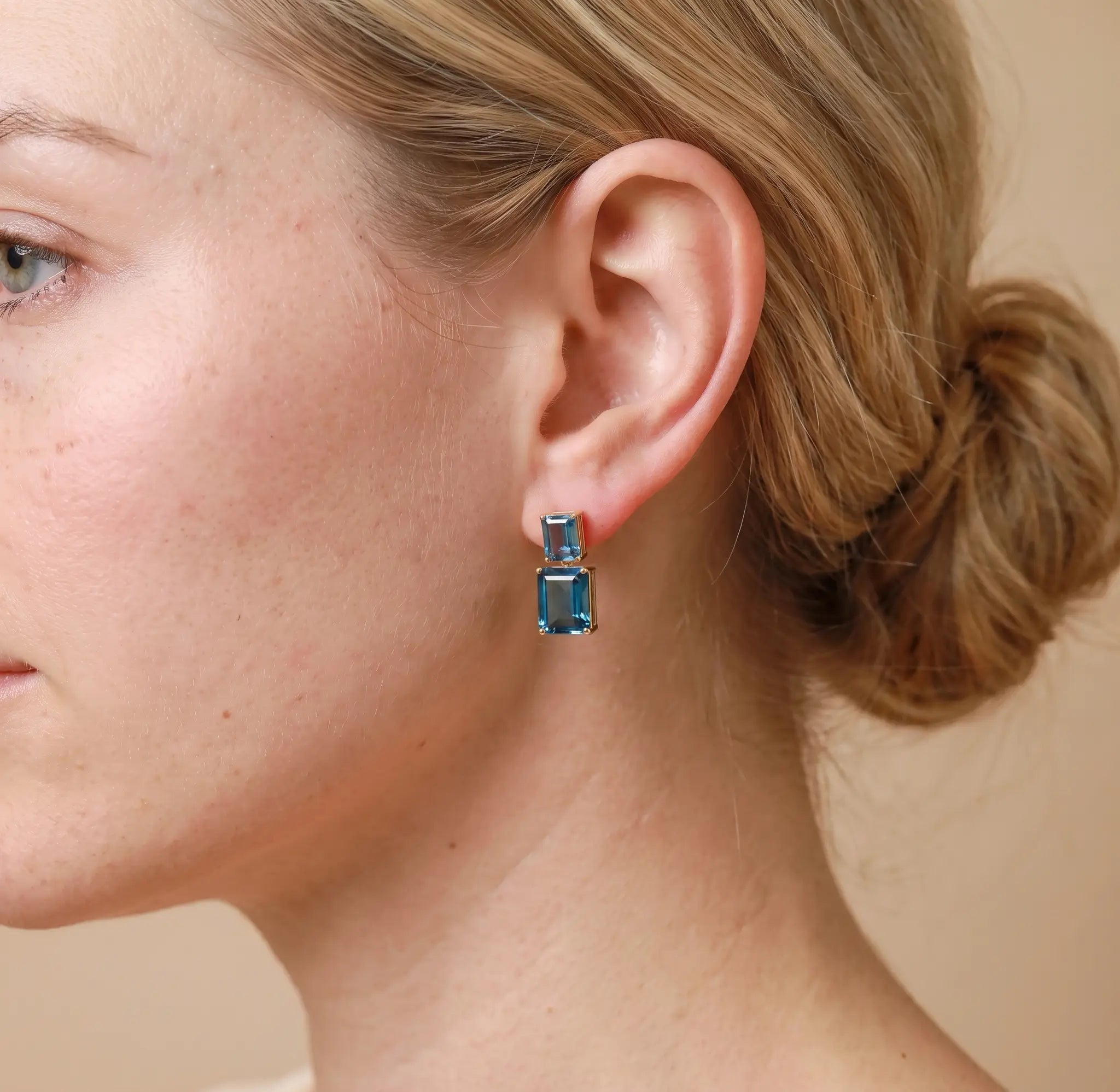 Duet Emerald-Cut Natural 10ctw London Blue Topaz Drop Earrings in 14k yellow gold