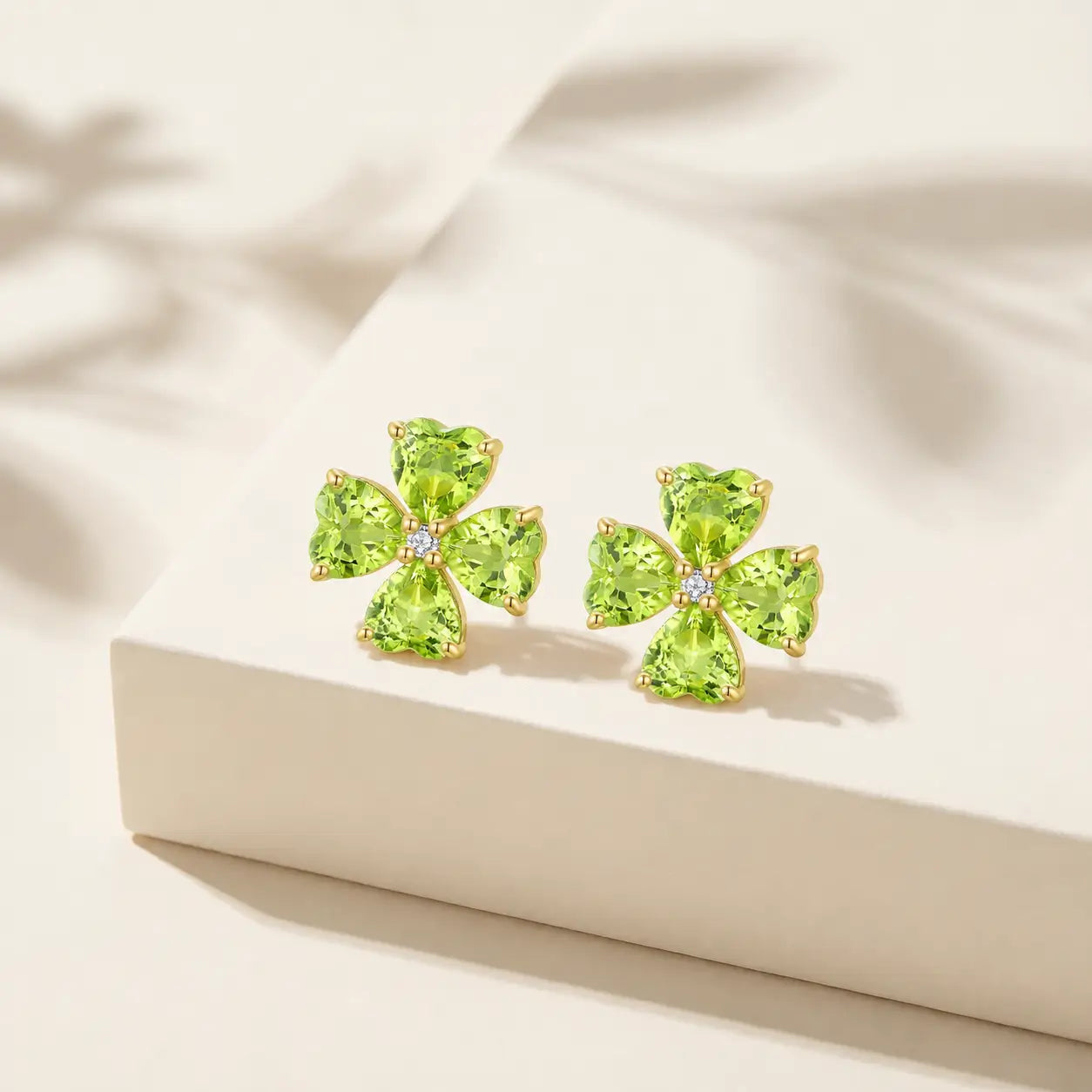 Natural Heart Peridot Diamond Clover Pearl Earrings 14K Yellow Gold