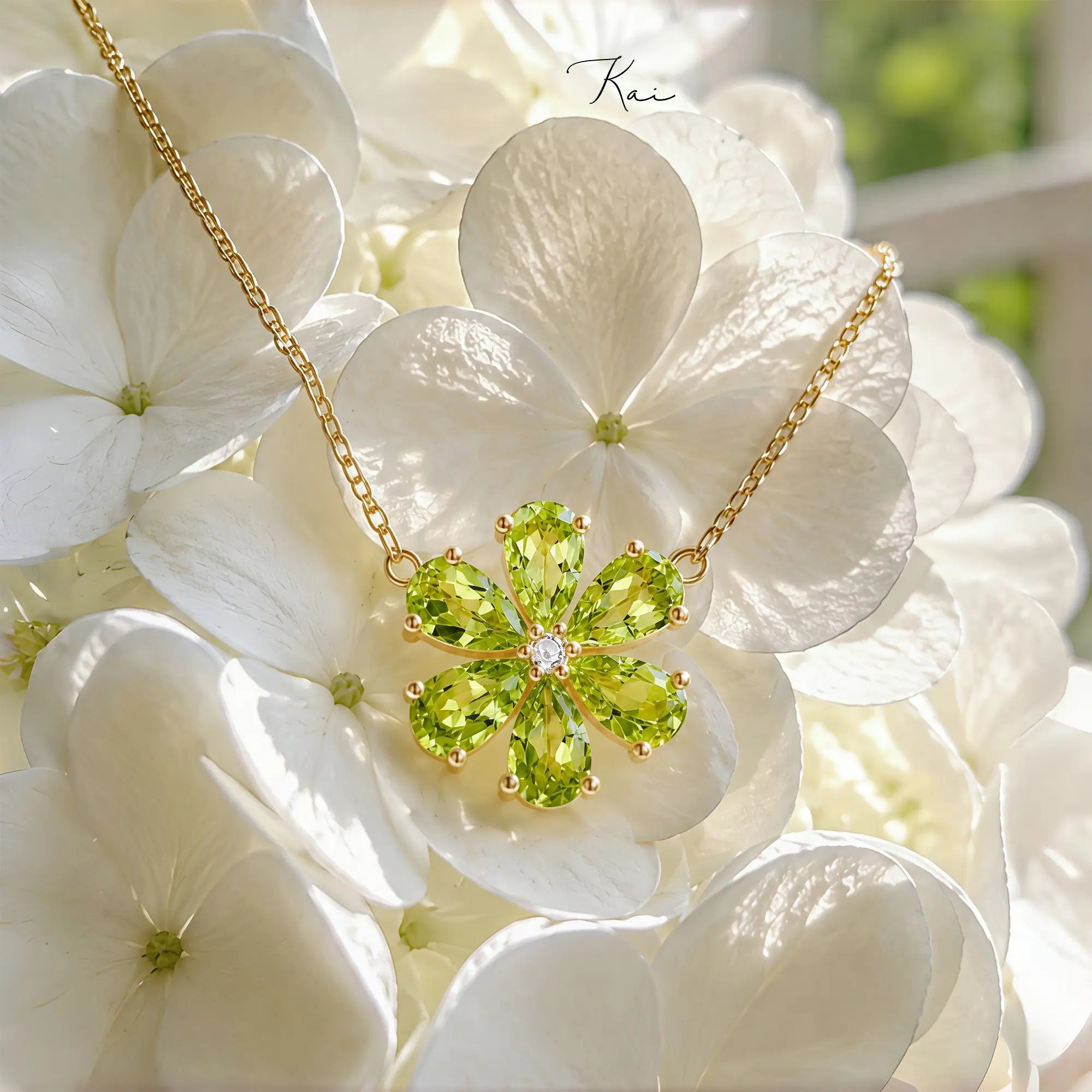 Flora Blossom Natural 2.72 Peridot Diamond Necklace in 14k yellow gold