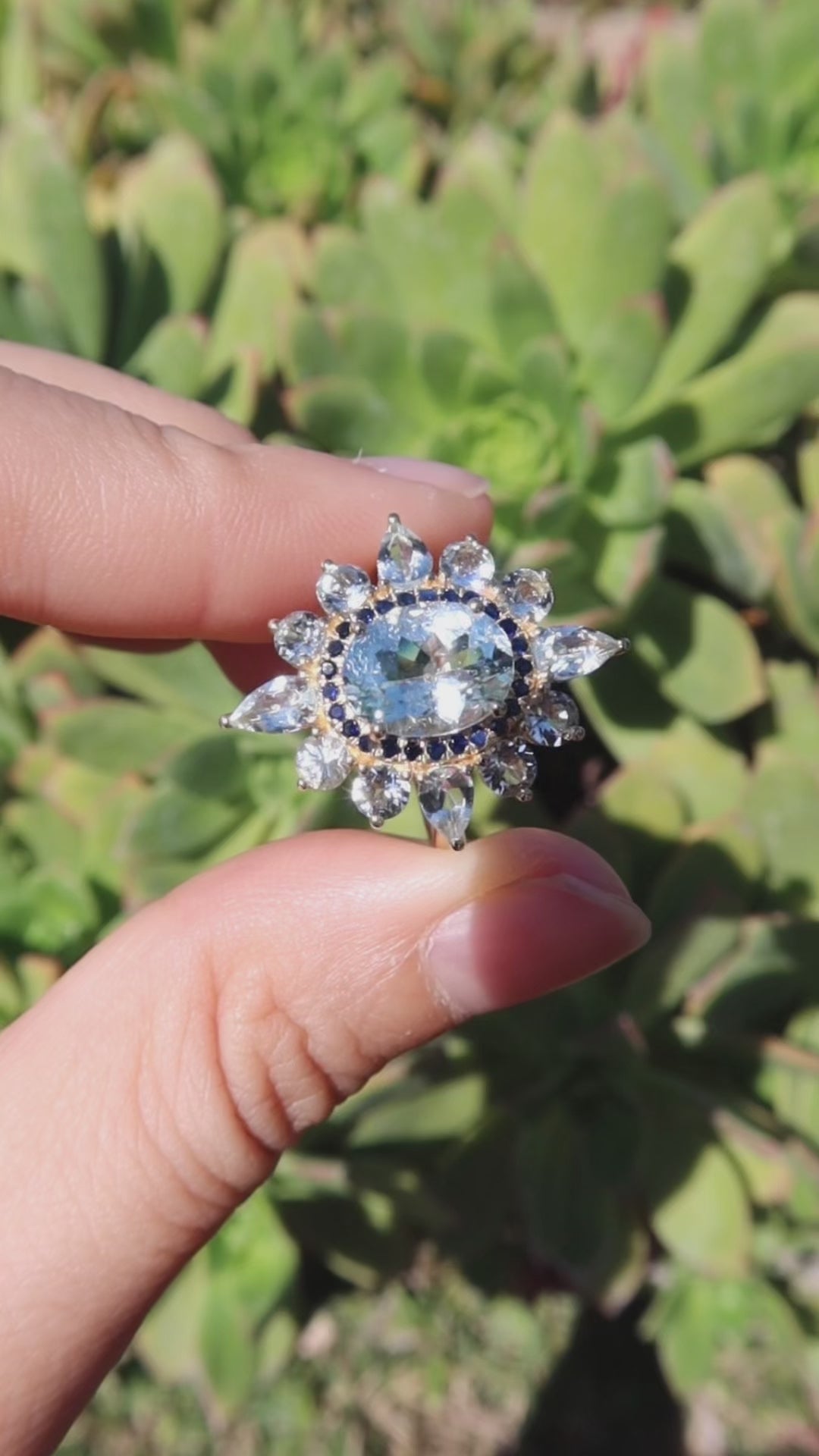 14k yellow gold sky blue aquamarine sapphire cocktail ring