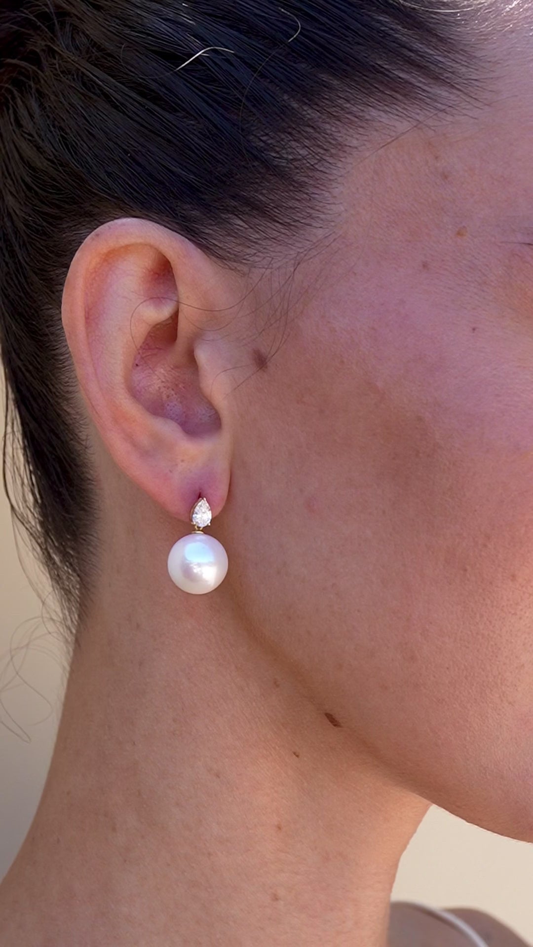 Venus Tears Lab Grown Diamond 12-13mm Cultured Round Pearl Convertible Drop Earrings 14k yellow gold