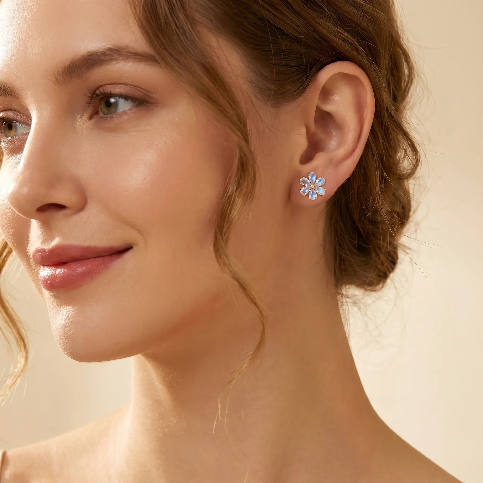 Flora Natural Rainbow Moonstone Diamond Earrings in 14k yellow gold