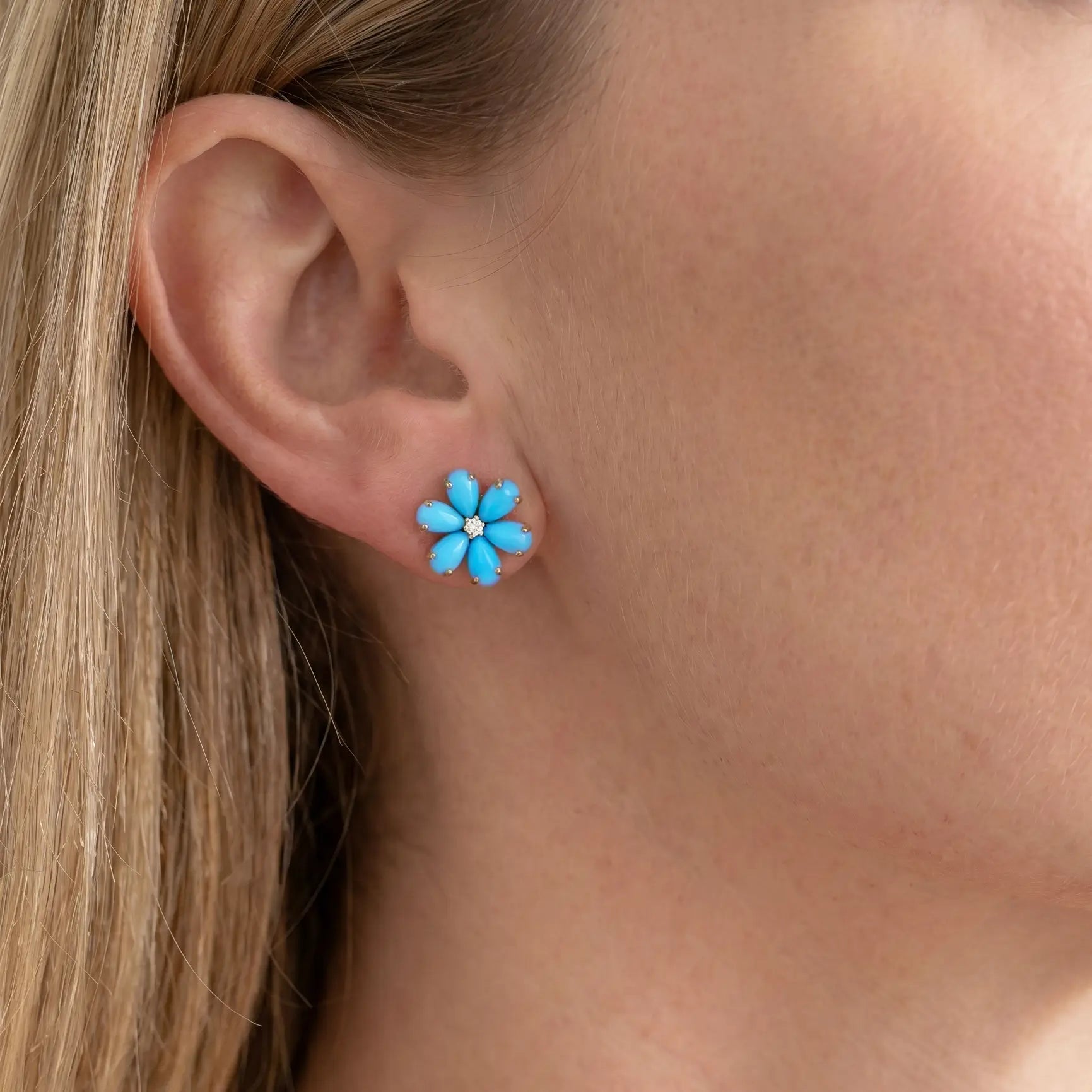 Flora Natural Sleeping Beauty Turquoise Diamond Earrings in 14k yellow gold