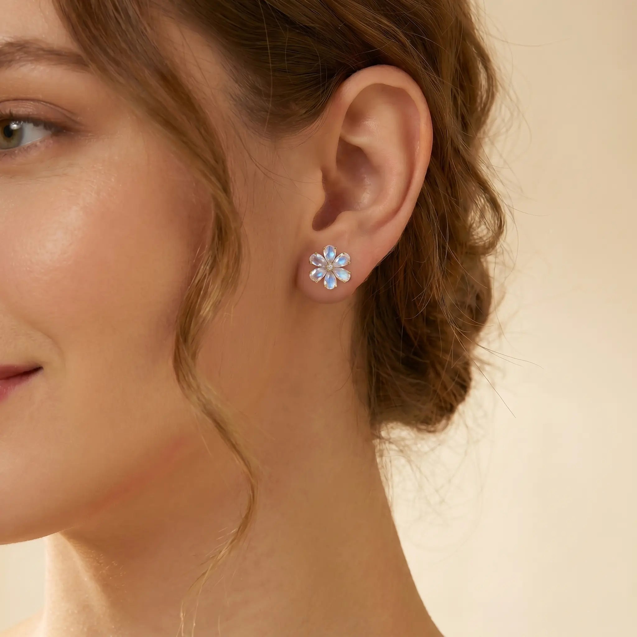 Flora Natural Rainbow Moonstone Diamond Earrings in 14k yellow gold