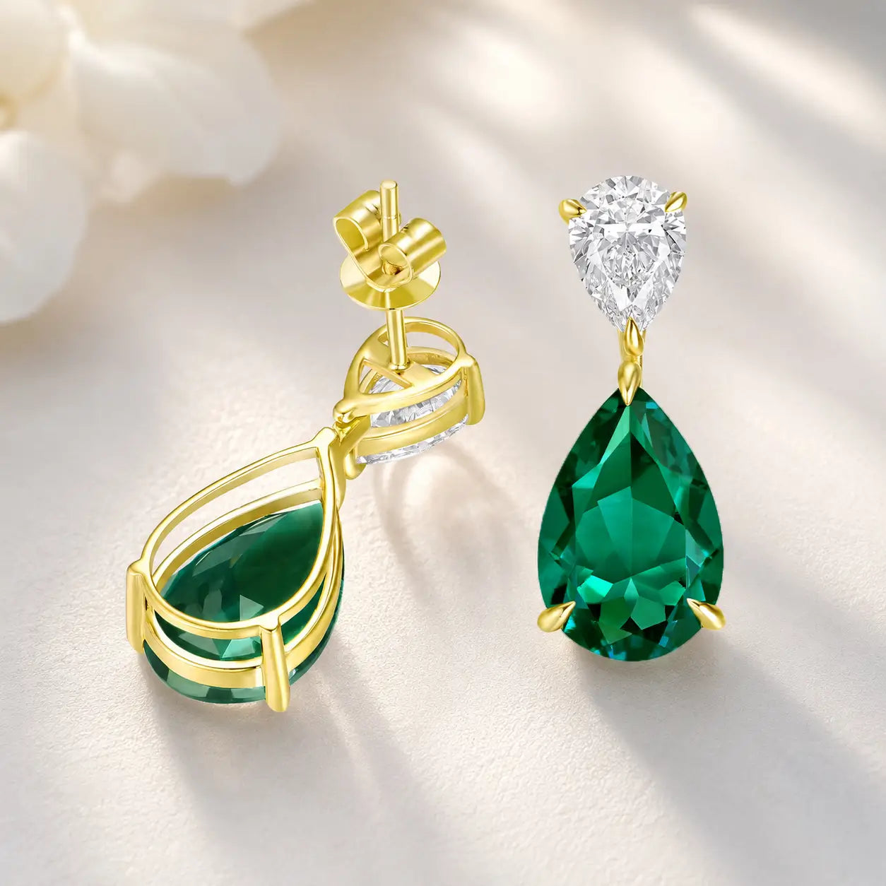 Duet 7ctw Pear Lab Grown Diamond & Emerald Drop Earrings in 14k yellow gold
