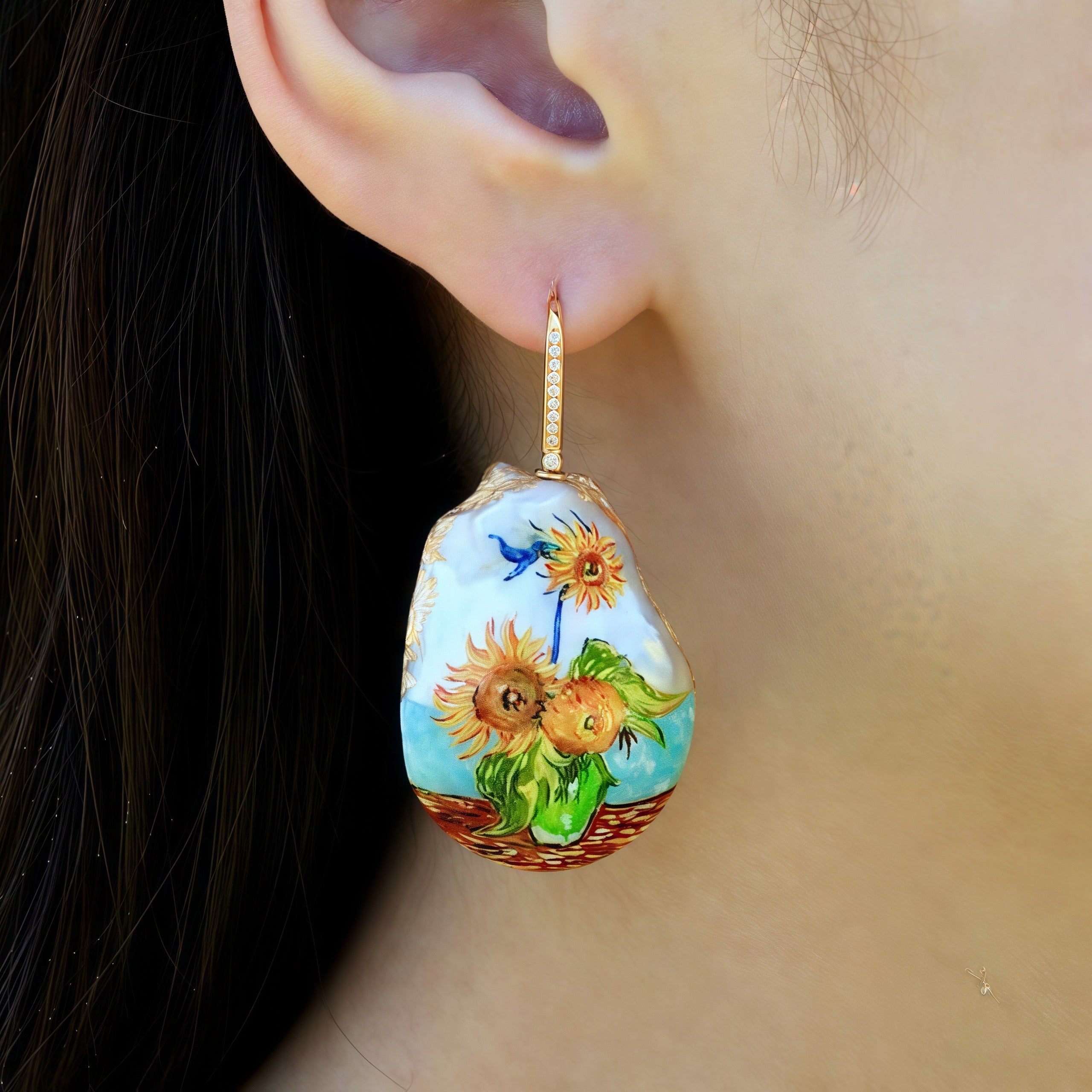 Hand-Painted Sunflowers Baroque Pearl Enhancers