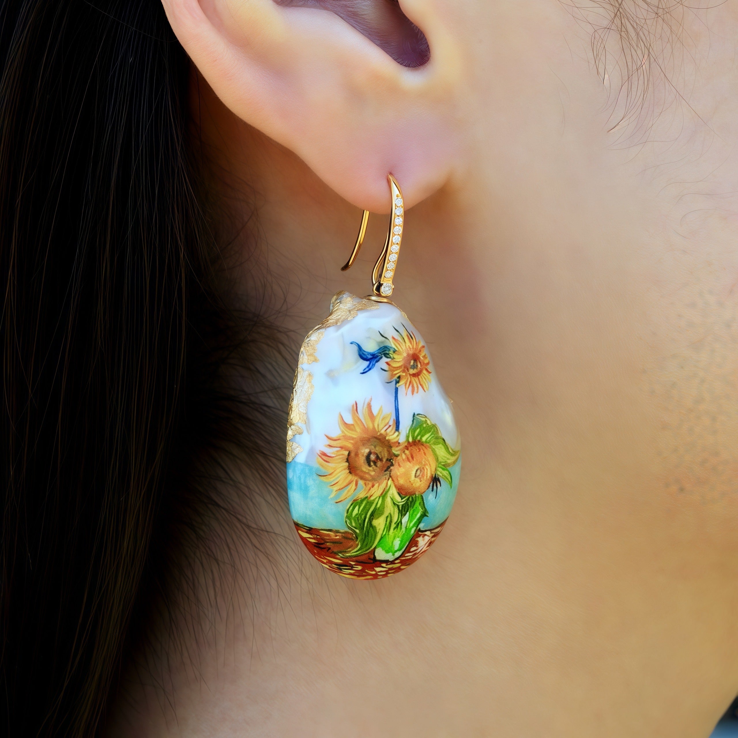 Hand-Painted Sunflowers Baroque Pearl Enhancers