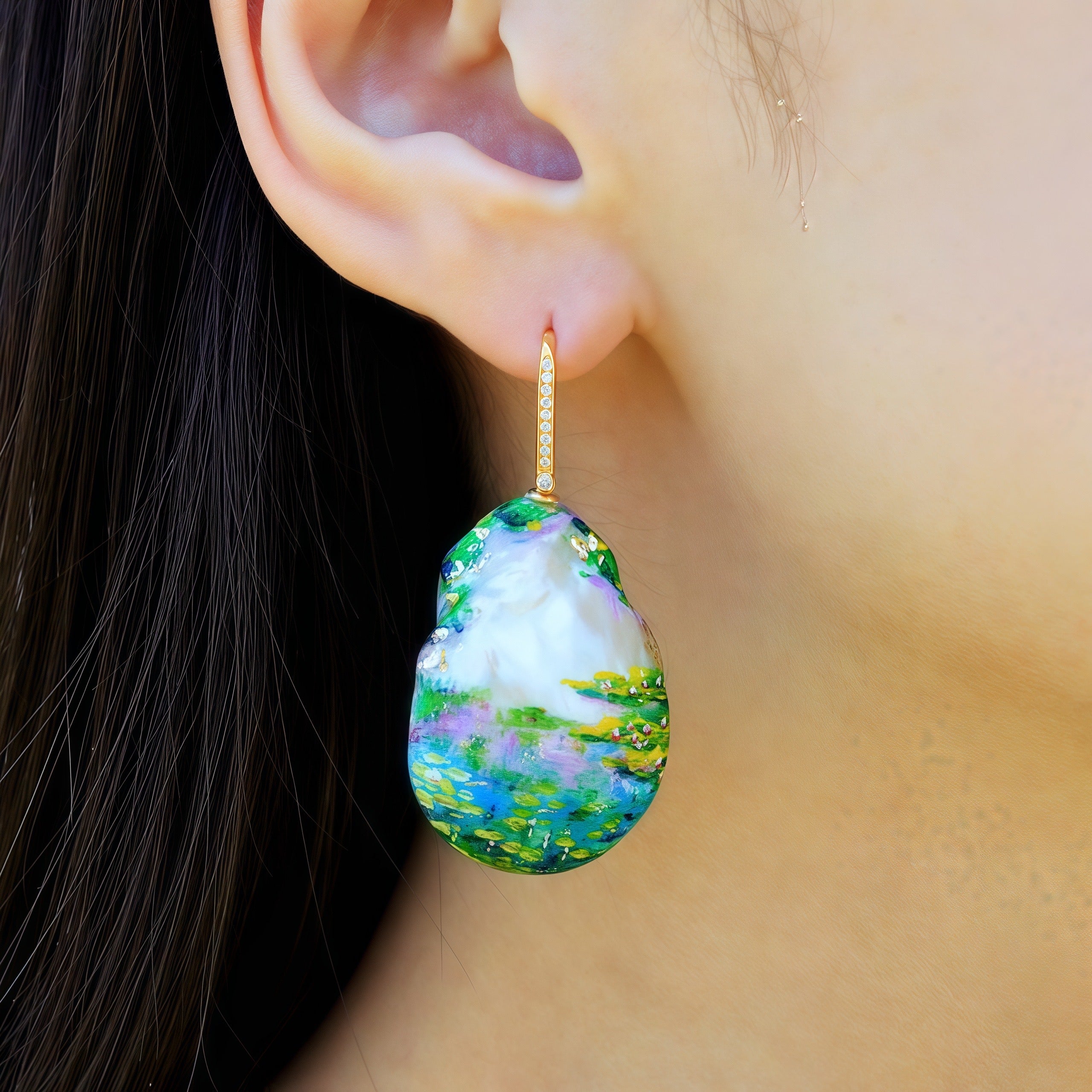 Hand-Painted Water Lilies Baroque Pearl Enhancers