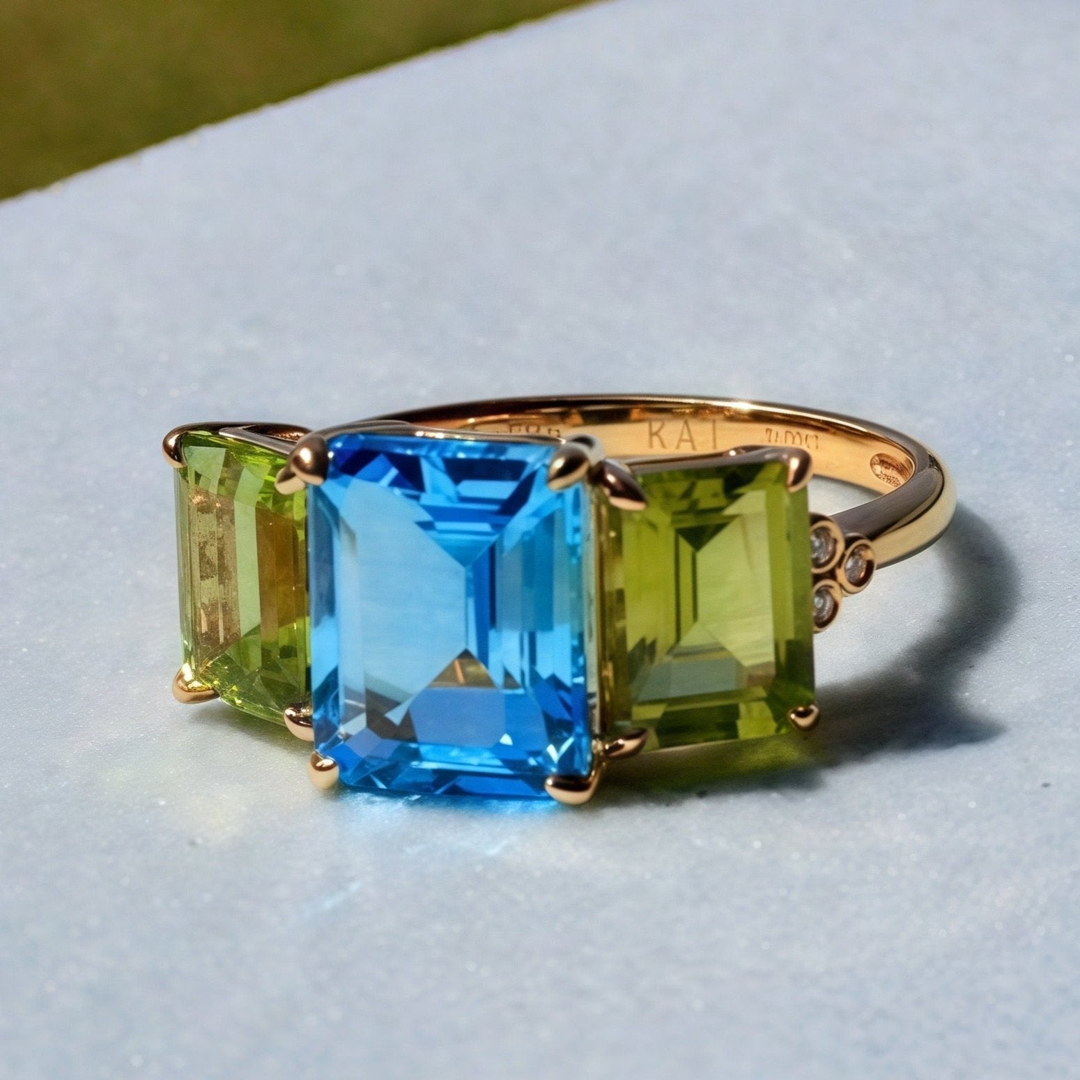 Fortune Topaz Peridot Diamond Three-Stone Ring