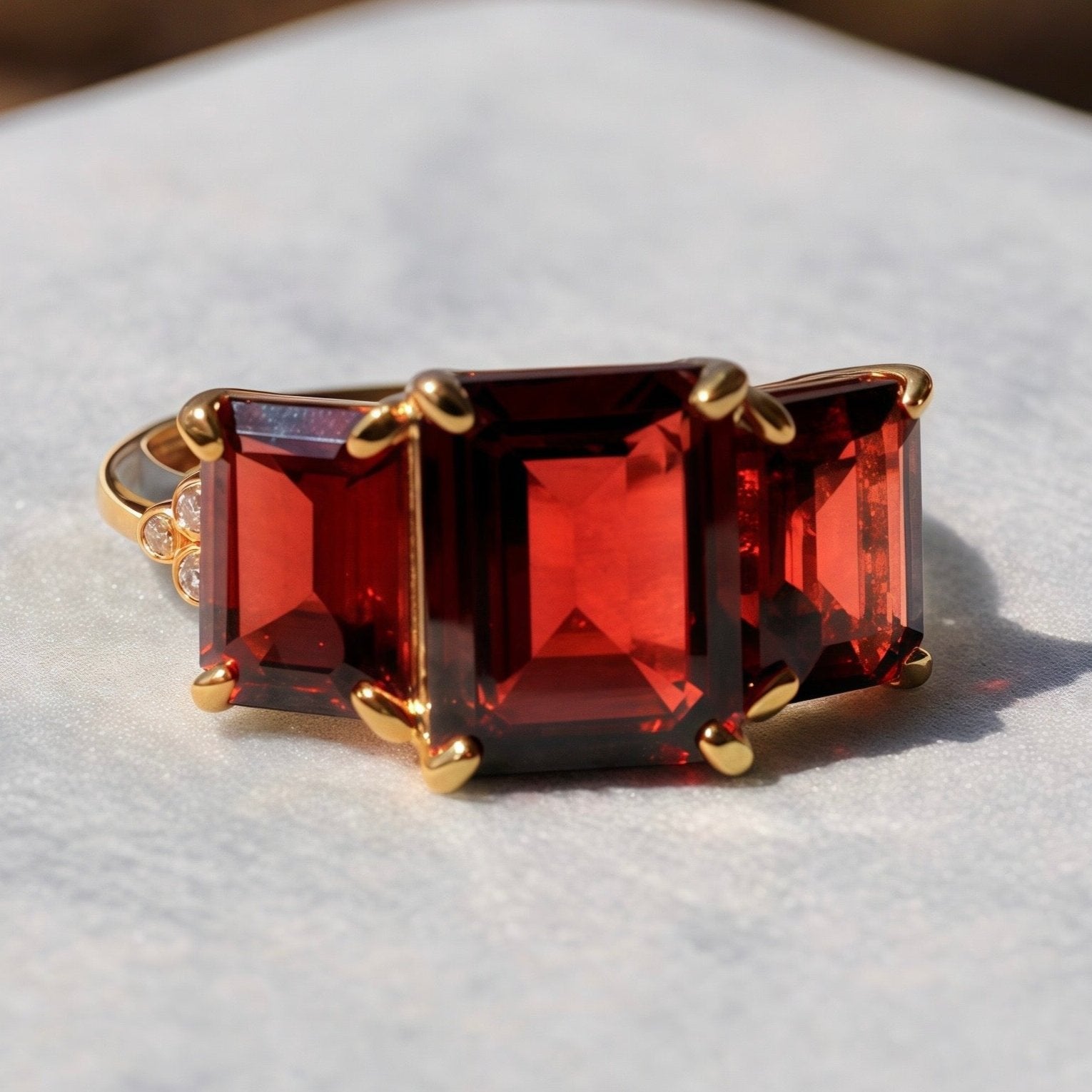 Fortune Garnet Diamond Three-Stone Ring