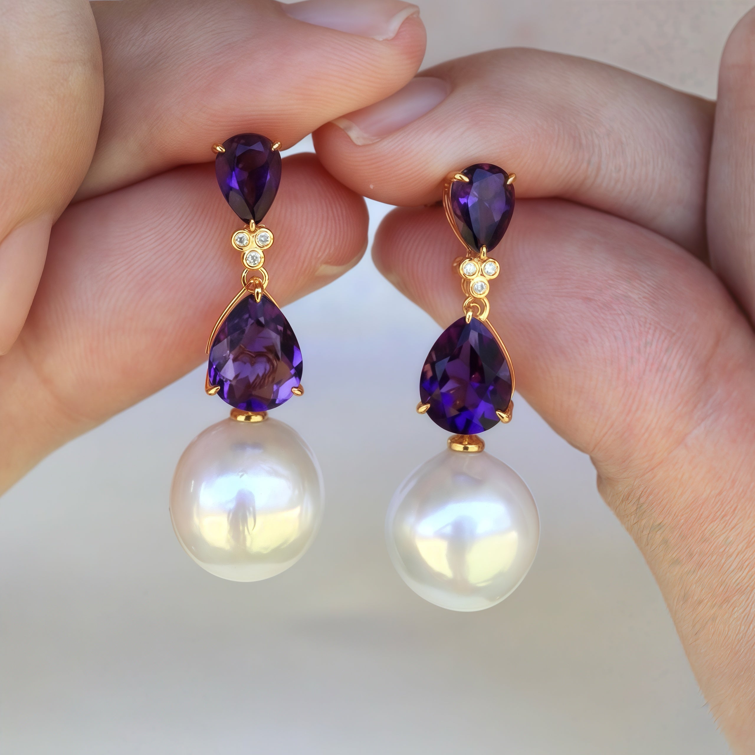 Divina Pear Amethyst Diamond Pearl Convertible Drop Earrings