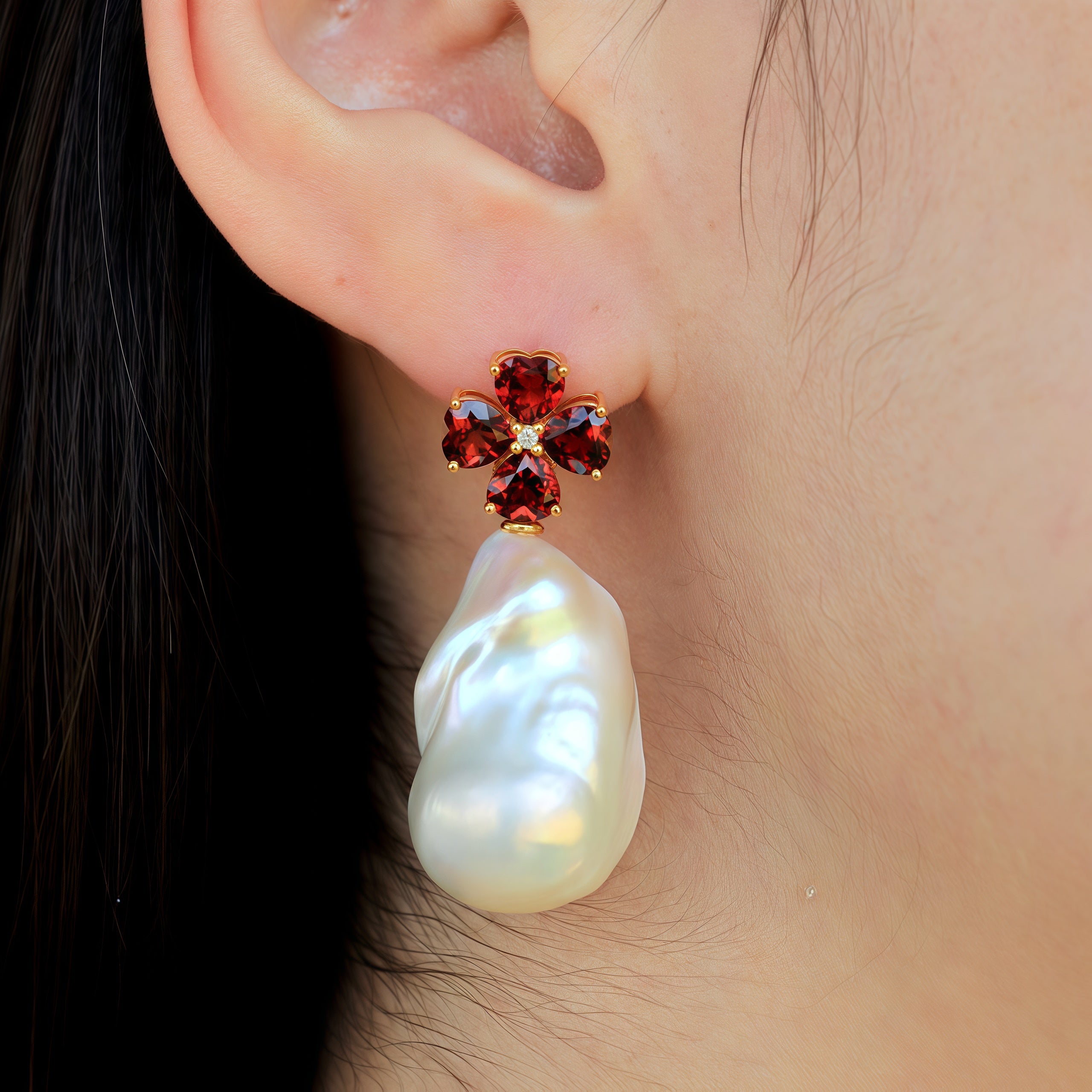 Felicia Garnet Diamond Clover Baroque Pearl Convertible Drop Earrings