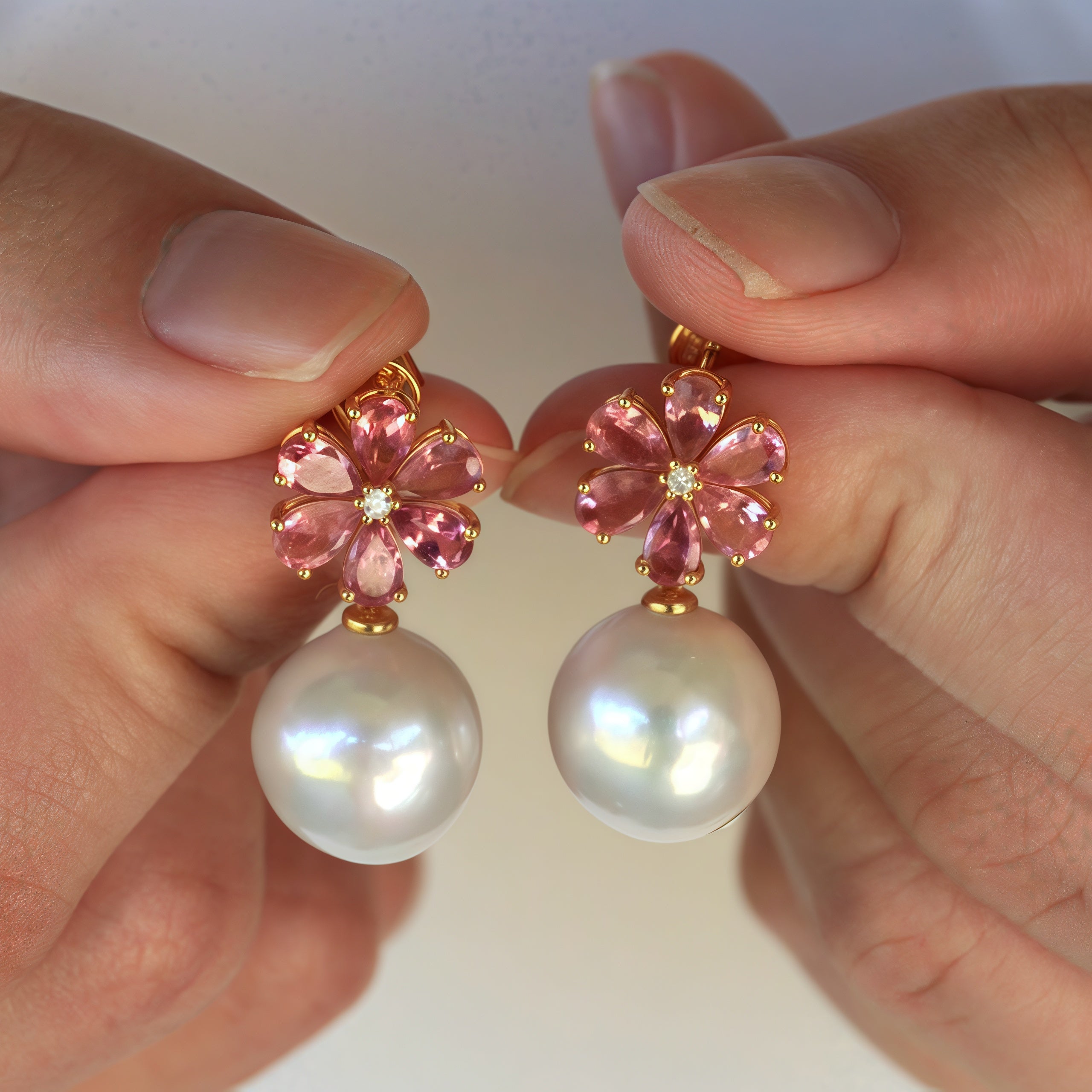 Flora Blossom Pink Tourmaline Diamond Pearl Convertible Drop Earrings